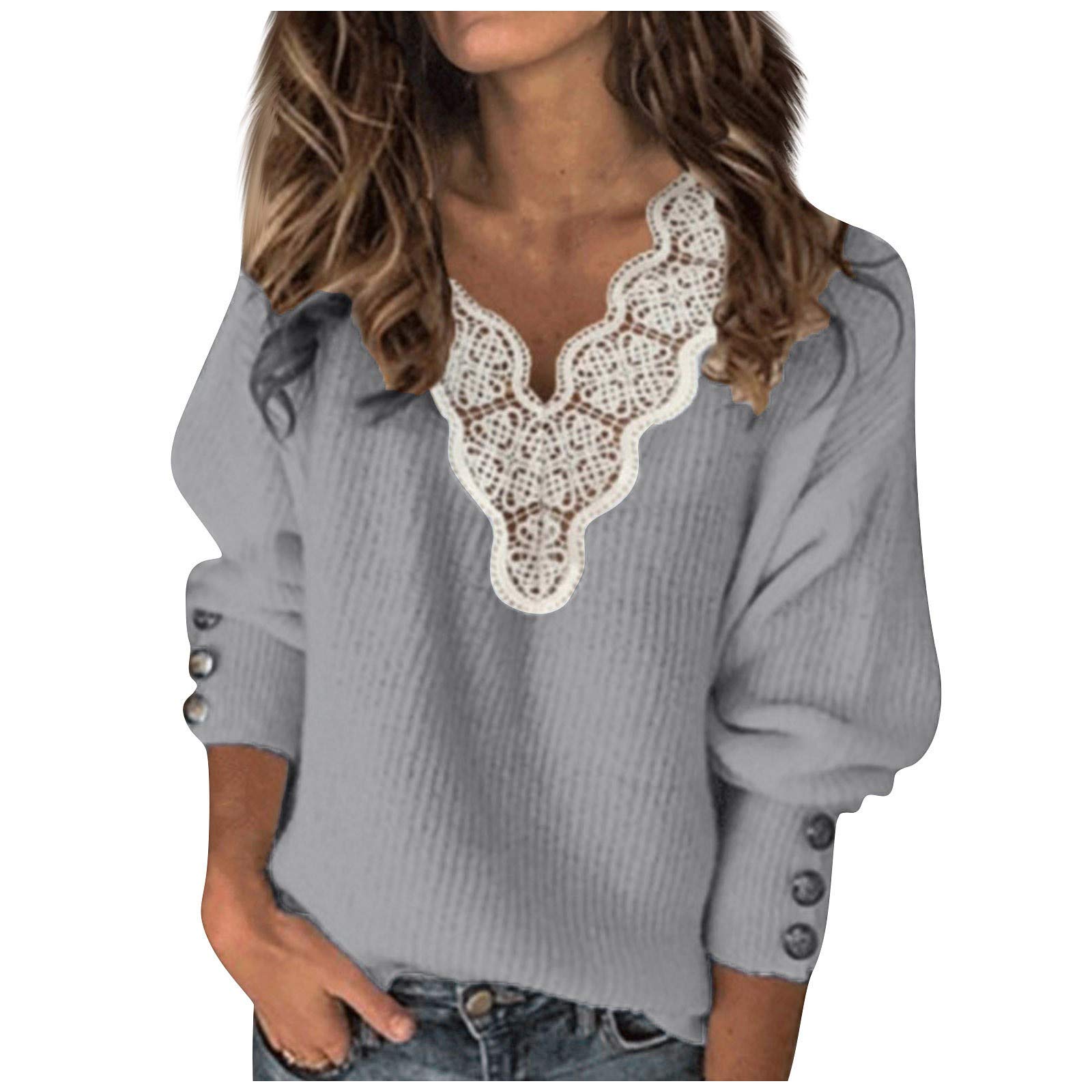 Women's Casual V-Neck Lace Patchwork Sweatshirt - Long Sleeve Loose Blouse Top for Everyday Wear, Date Night & Office Outfits
