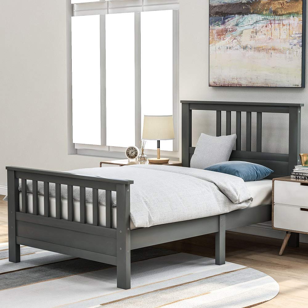 Twin Size Wood Platform Bed Frame with Headboard & Footboard - Sturdy Wood Slat Support, No Box Spring Needed - Perfect for Kids Bedroom, Guest Room & Small Spaces (Gray)