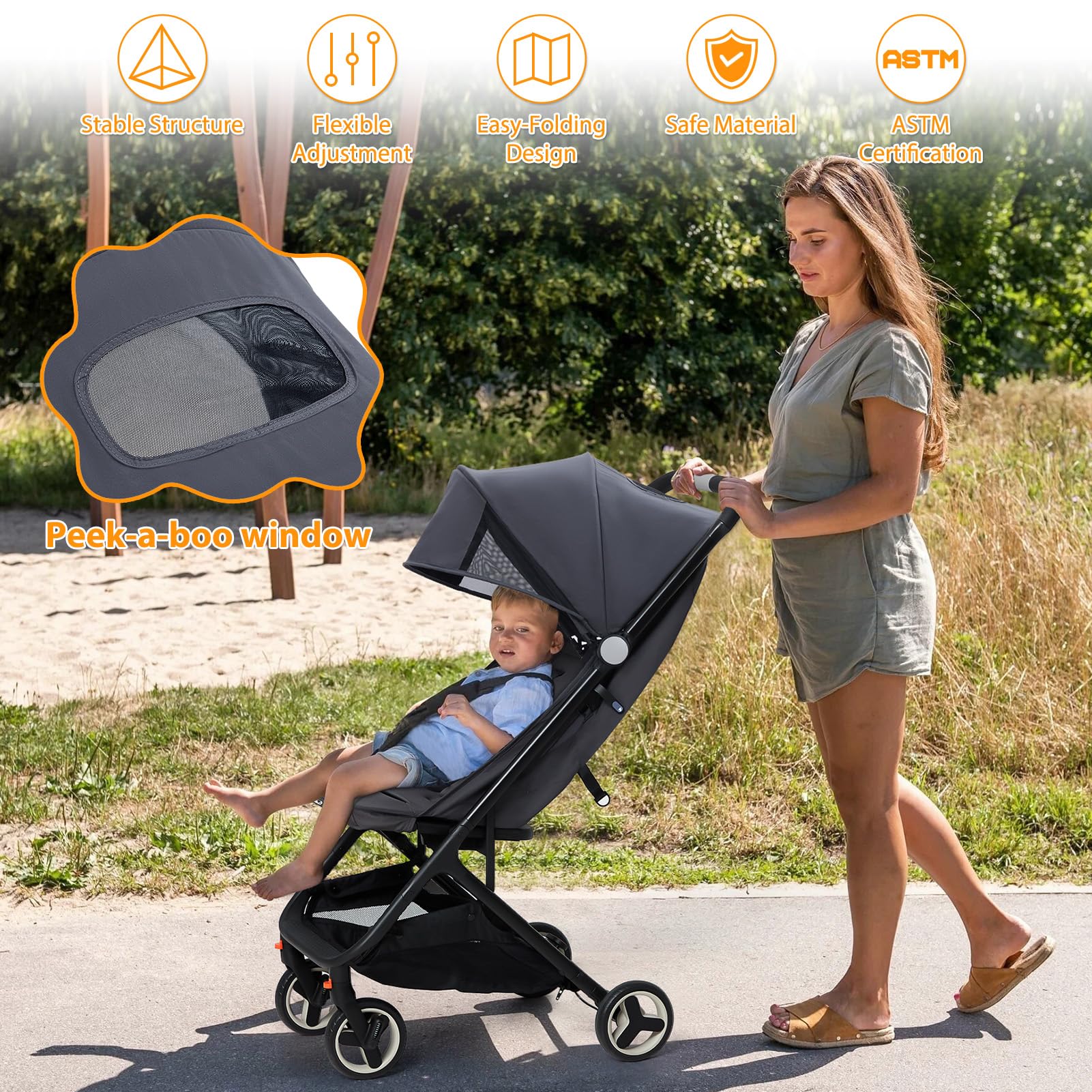GAOMON Lightweight Compact Stroller - One Hand Fold, Airplane Friendly, Reclining Seat with Canopy & Smooth Suspension | Travel System Ready Black Baby Stroller for Travel, Shopping & Daily Use