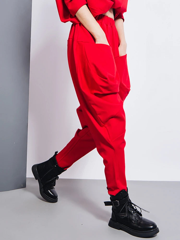 Big Pockets Spliced High Waist Harem Pants for Women - Loose Fit Fashion Trousers with Irregular Design, Trendy Spring & Autumn 2025 (Style 1DD2684) - Perfect for Casual Wear, Street Style & Boho Outfits
