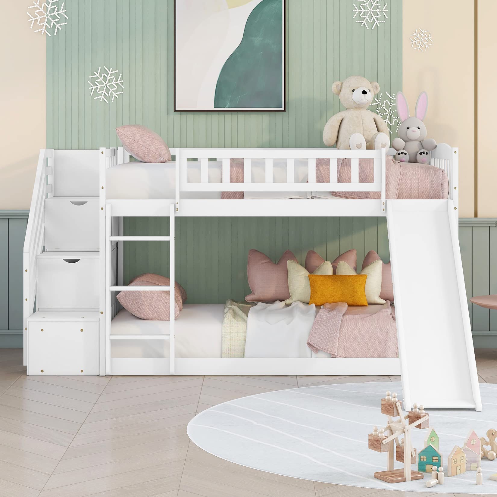 Twin Over Twin Wooden Bunk Beds with Slide & Storage Drawers - Low Bunk Bed Frame with Stairway for Kids, Boys & Girls - Perfect for Small Bedrooms, Shared Kids' Rooms & Sleepovers - White