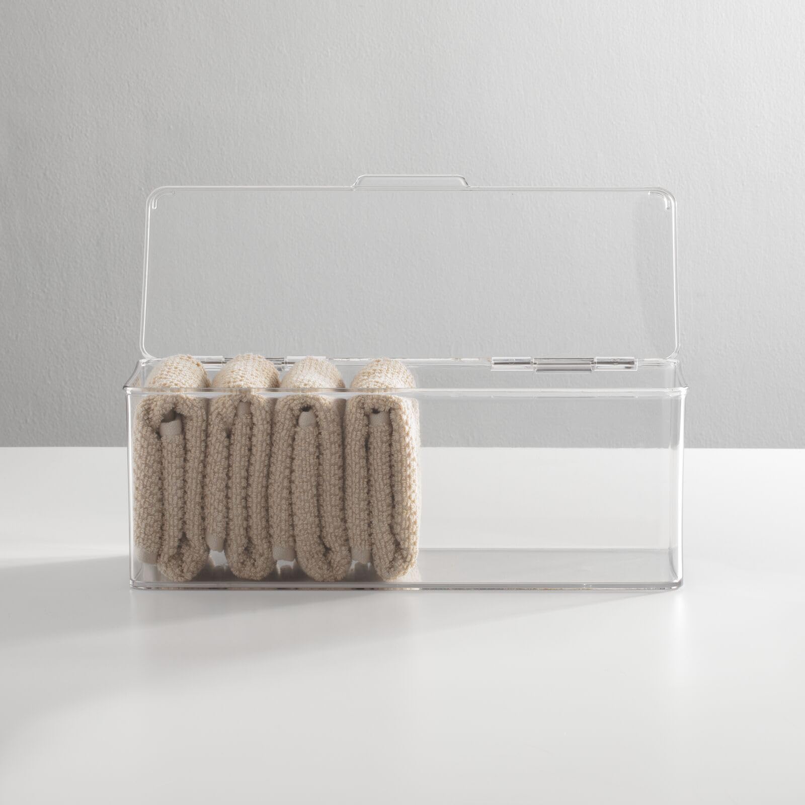 mDesign 4-Pack Clear Plastic Bathroom Storage Organizer Box with Hinged Lid - Vanity Drawer & Countertop Organizer for Lotions, Shampoo, Conditioner, Soap, Cotton Swabs, Face Towels & Accessories | Perfect for Bathroom Counter Organization, Makeup Storage & Small Item Decluttering