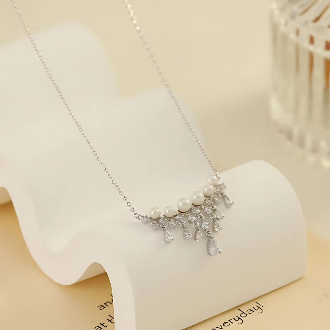 Elegant Pearl Waterfall Necklace with Sparkling Teardrop CZ Stones | R0308 | Perfect for Weddings, Parties & Special Occasions