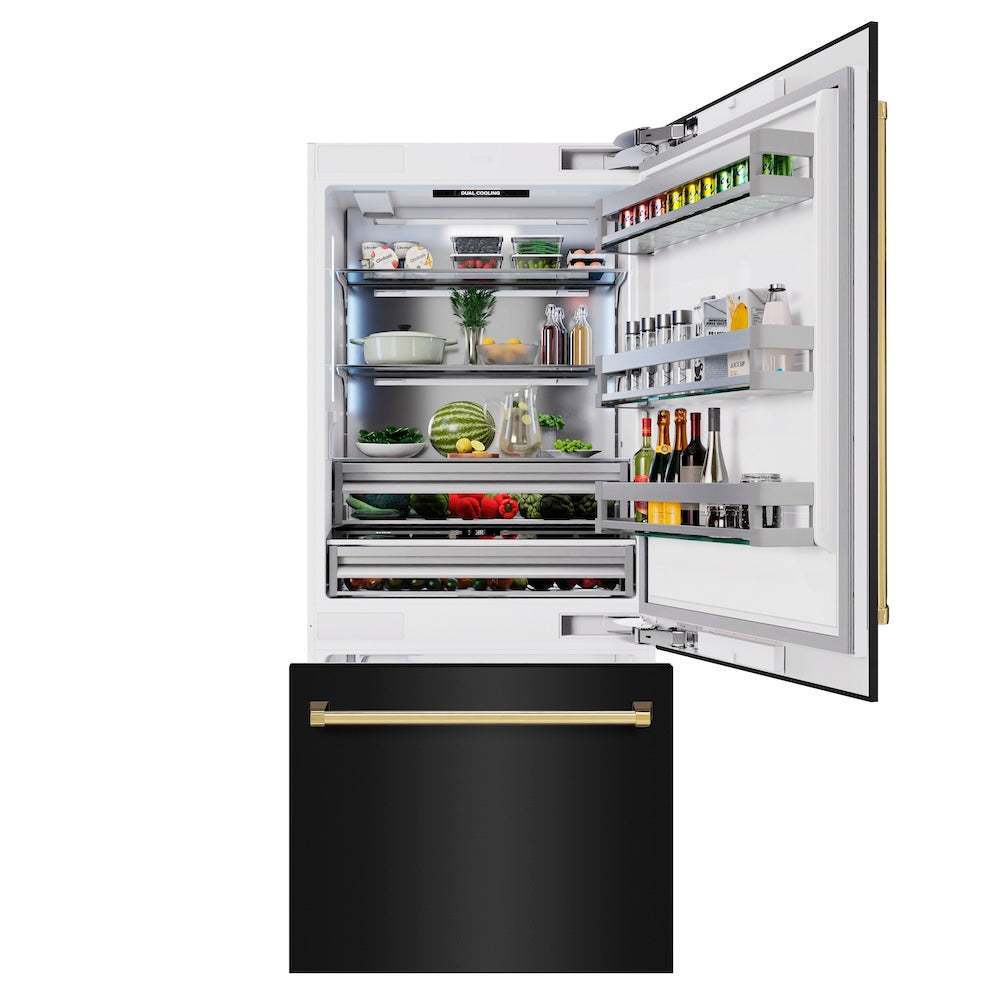 ZLINE Autograph Edition 36 Inch Built-In Bottom Freezer Refrigerator - 19.8 cu ft Capacity, Black Stainless Steel with Gold Accents, Water Dispenser & Ice Maker - Perfect for Modern Kitchens, Open Concept Homes & Luxury Appliances Upgrade