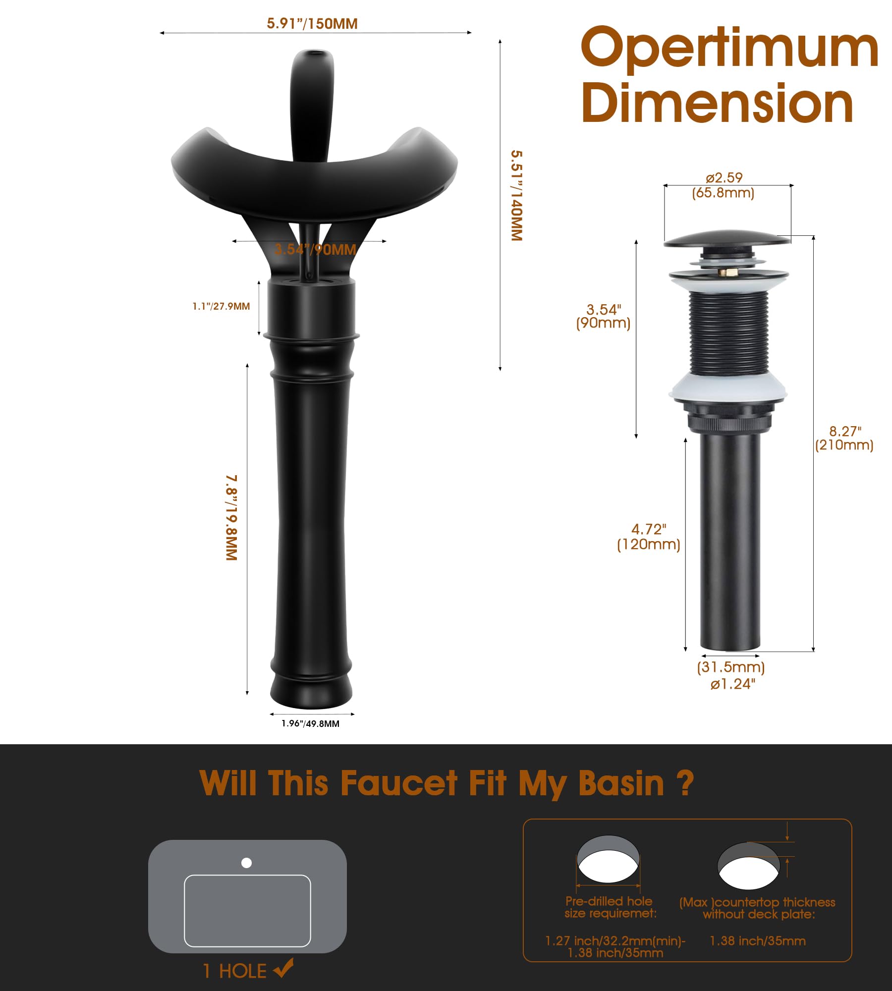 AUU Matte Black Waterfall Single Hole Bathroom Sink Faucet - Solid Brass Tall Vessel Faucet with Pop-Up Drain & Supply Line - Perfect for Modern Vanities & Luxury Bathroom Renovations (Black, Tall)