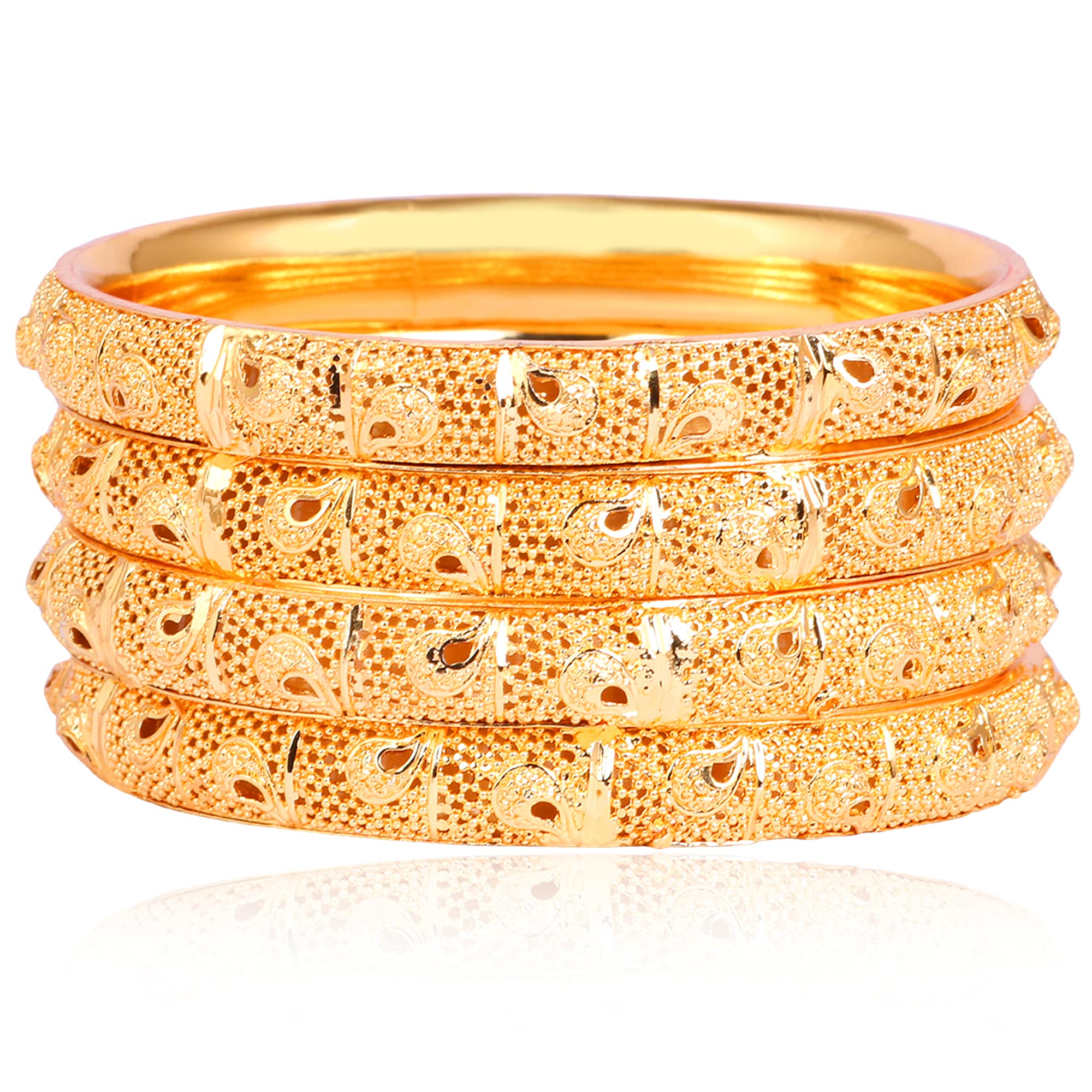 Indian Gold Plated Bangles Set of 4 - Traditional Pola Bracelets for Women, Bollywood Style Jewelry, Trendy Costume Bangles for Weddings, Parties & Festive Occasions