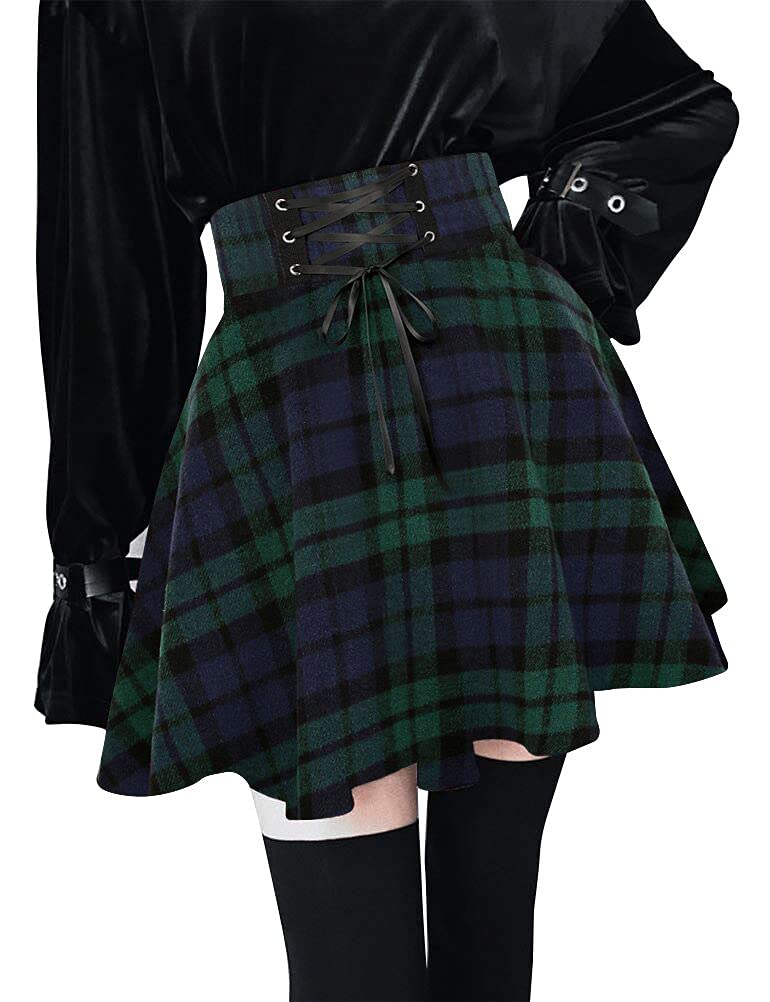 Kinghua Women's Warm Wool Plaid Mini Skirt - High Waisted Lace Up Pleated Skater Skirt for Winter | Perfect for Office, Dating & Holiday Outfits