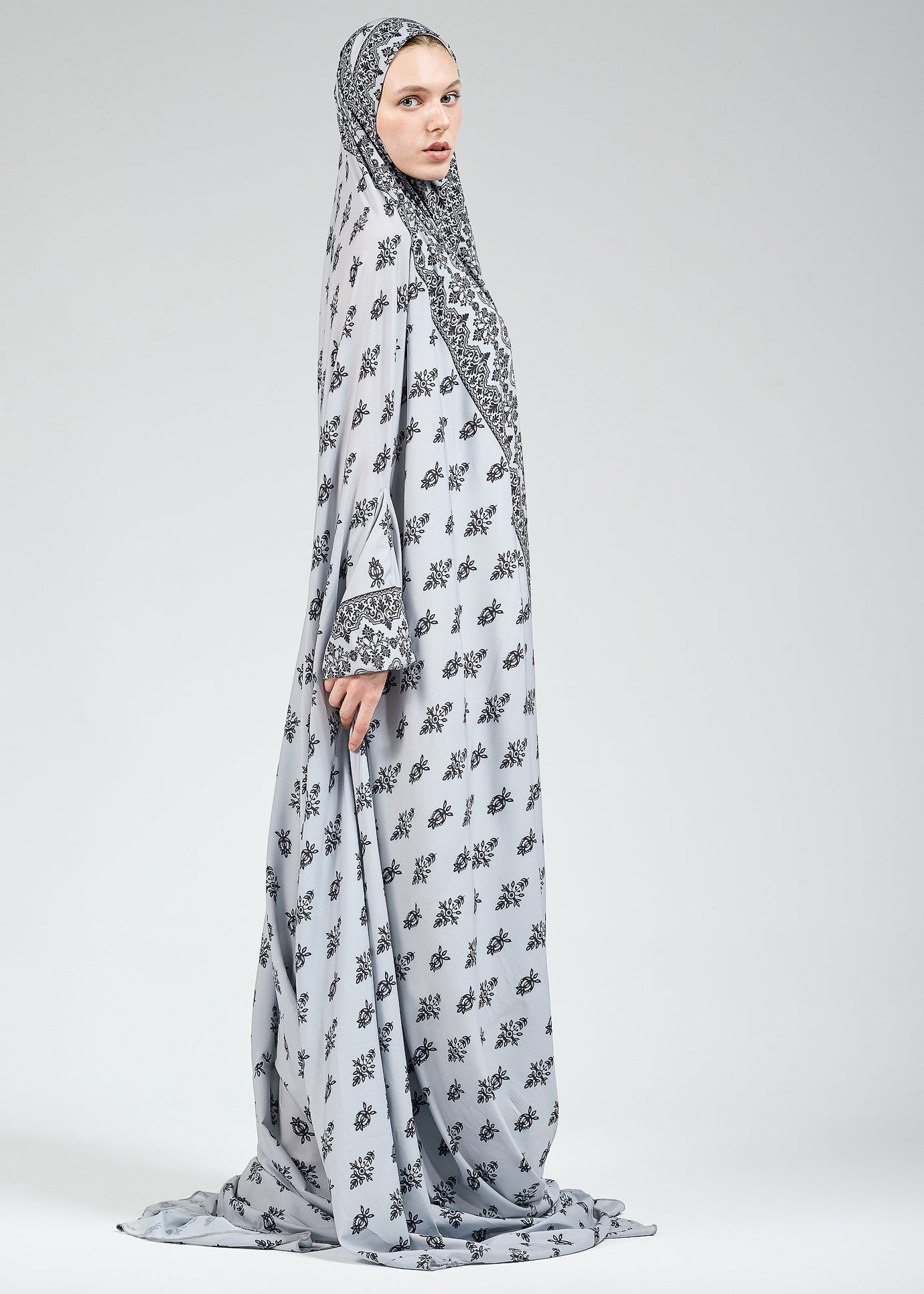 Elegant Black and White Floral Satin Gown Dress with Elastic Cuffs - Perfect for Evening Parties, Weddings & Special Occasions