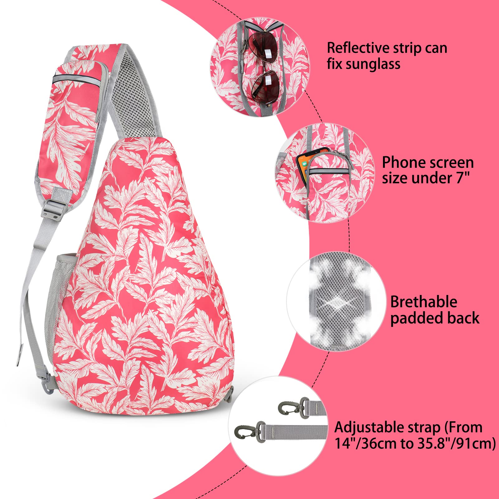 ZOMAKE Waterproof Sling Bag for Travel & Hiking - Anti-Theft Crossbody Backpack (Fuchsia White Leaf)