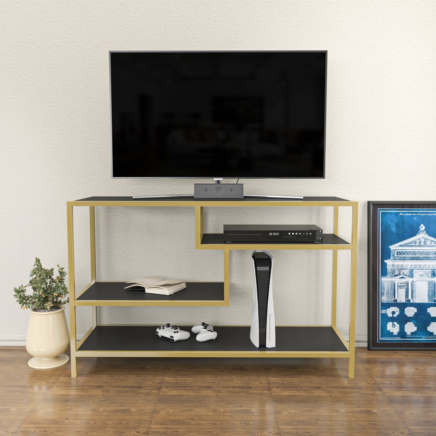 Modern Robbins TV Stand for Living Room - Sturdy Wooden Entertainment Center with Storage Shelves for TV, Gaming Console & Media Devices - Perfect for Home Theater Setup & Family Movie Nights