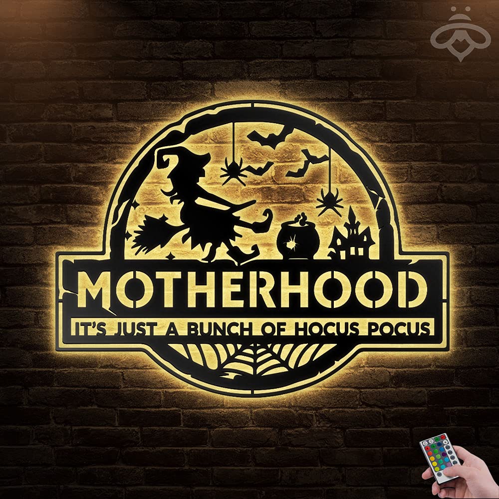 Witch Motherhood Just a Bunch of Hocus Pocus LED Metal Wall Art - 12x12 Inch Halloween Decor with Lights - Scary Black Metal Sign for Living Room, Outdoor & Home Decor - Perfect Halloween Gift for Spooky Decorations
