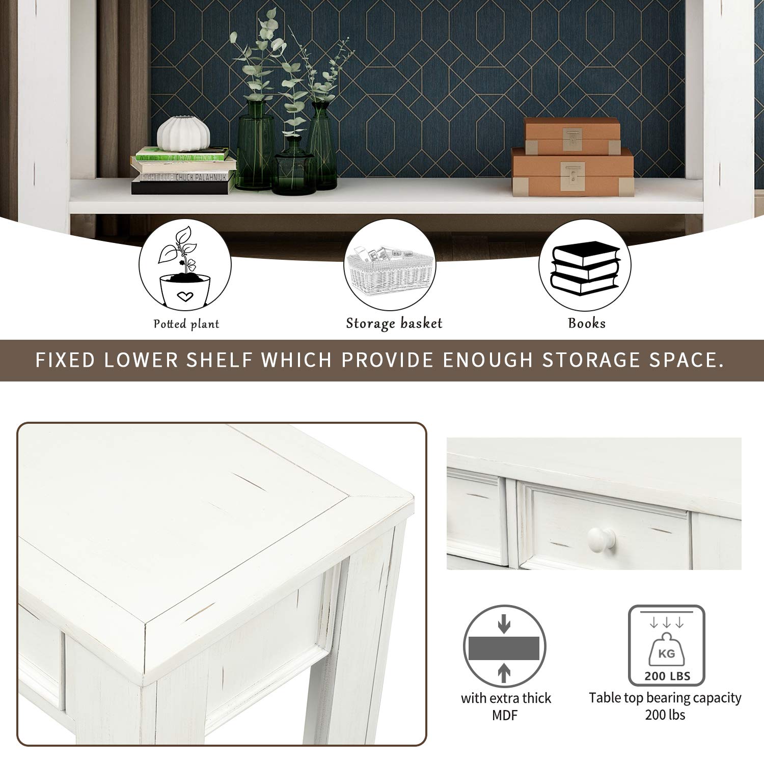 Modern Solid Wood Console Table with 4 Drawers & Shelf - Sturdy Entryway Sofa Table for Living Room, Bedroom, Hallway - Multifunctional Storage Side Table (White) - Perfect for Small Spaces, Home Decor & Organizing Keys, Books, Decor Items