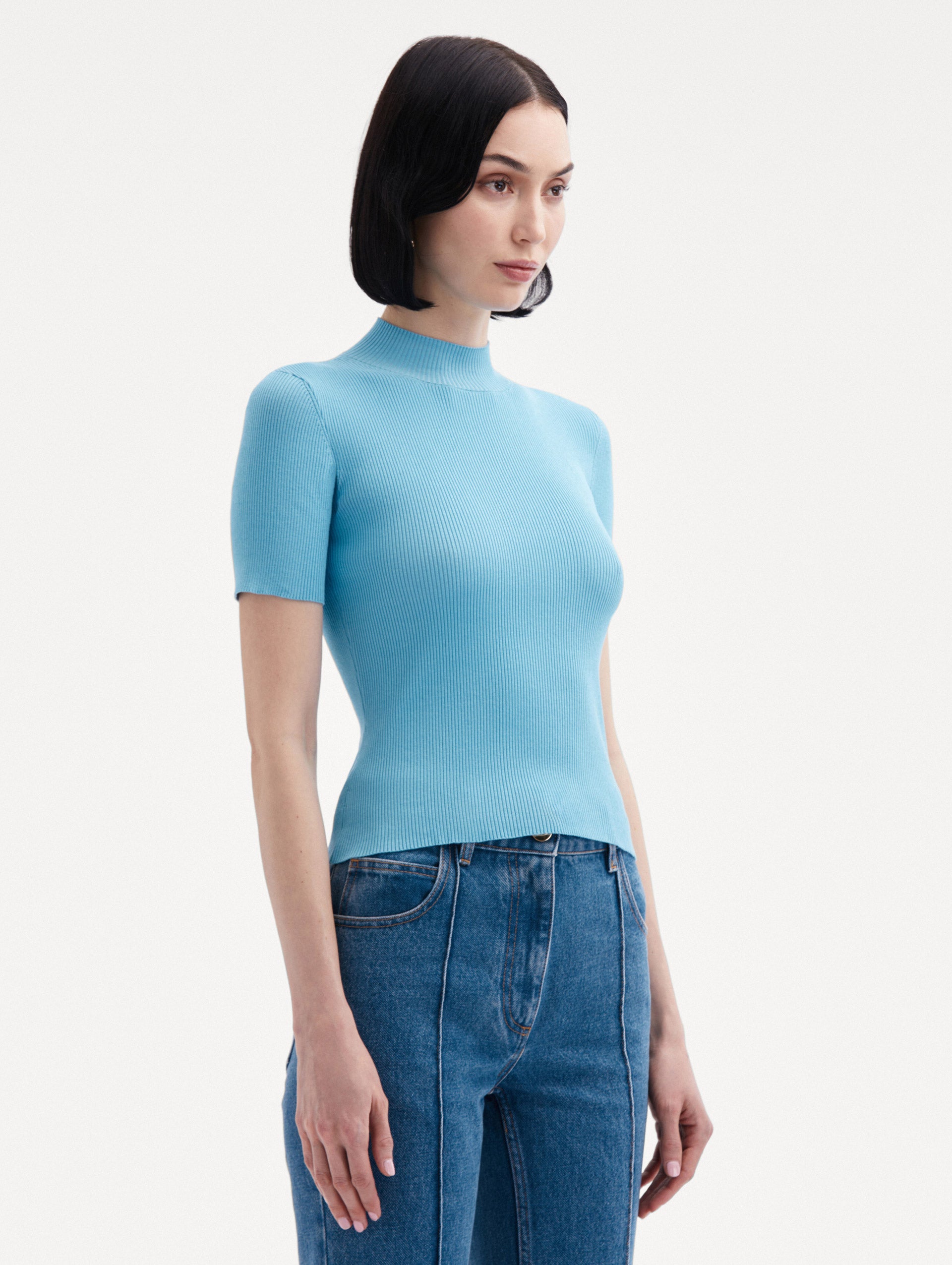 Women's Short Sleeve Mock Neck Ribbed Pullover Sweater - Casual Stretch Knit Top for Everyday Wear, Work & Date Nights
