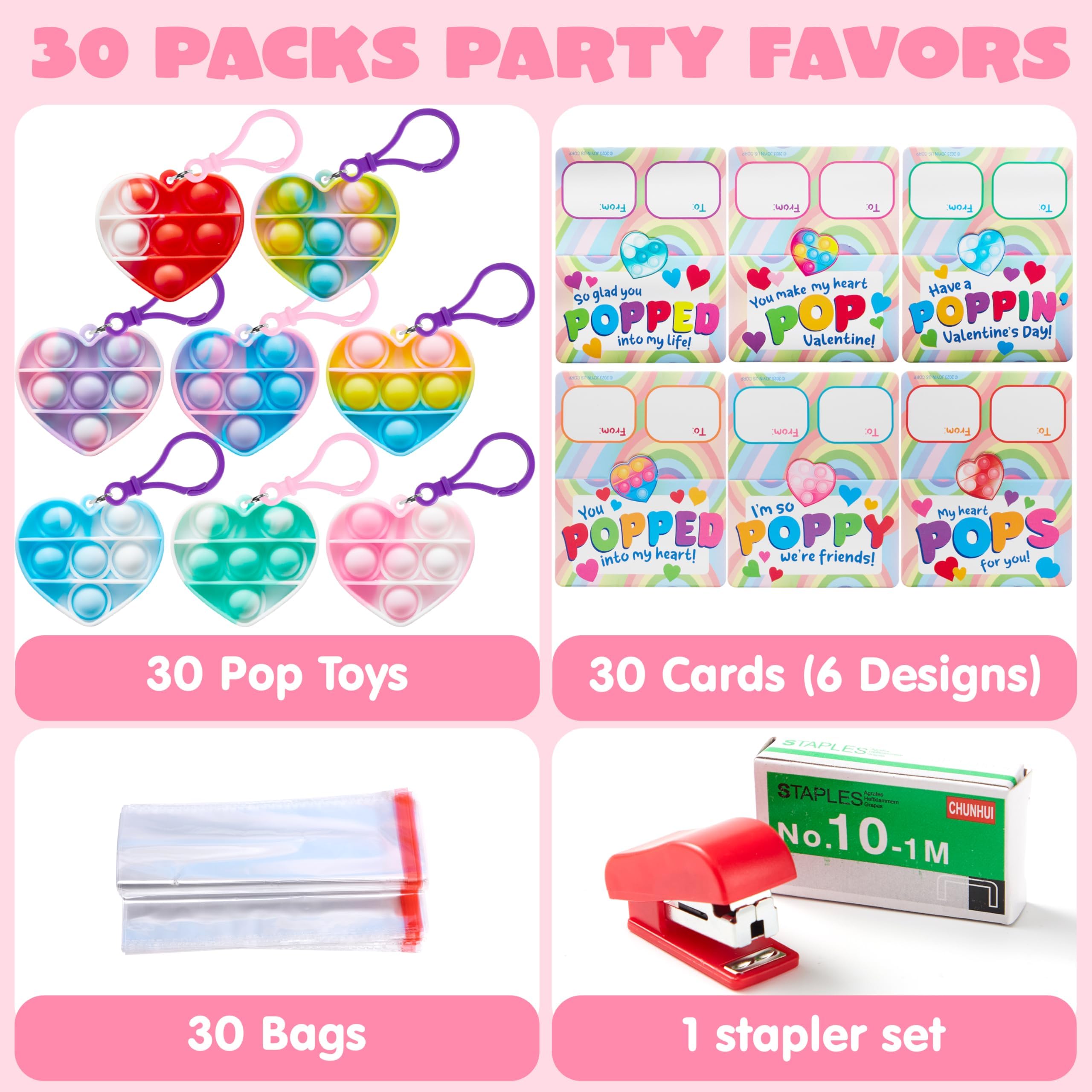 JOYIN 30 Pack Heart Pop Bubble Keychain Gift Cards with Mini Pop Squeeze Toys - Stress Relief Fidget Toys for Kids, Party Favors, Classroom Exchange & Game Prizes - Perfect for Birthday Gifts, School Rewards and Anxiety Relief