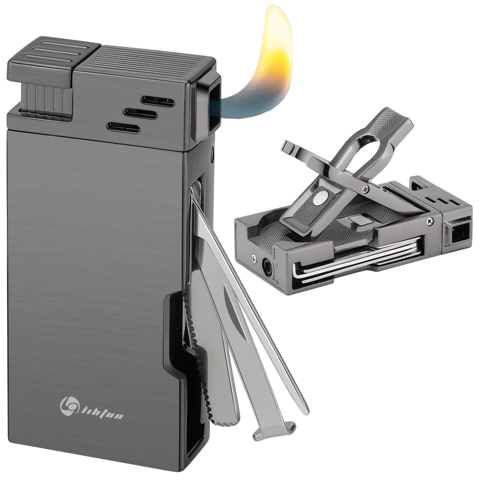 **Refillable Butane Pipe Lighter with Stand - 5-in-1 Soft Flame Lighter with Stainless Steel Pipe Tools & Cleaner - Portable for Indoor & Outdoor Use - Perfect Gift for Pipe Smokers**    *(Ideal for camping, travel, home use, and as a thoughtful gift for pipe enthusiasts.)*