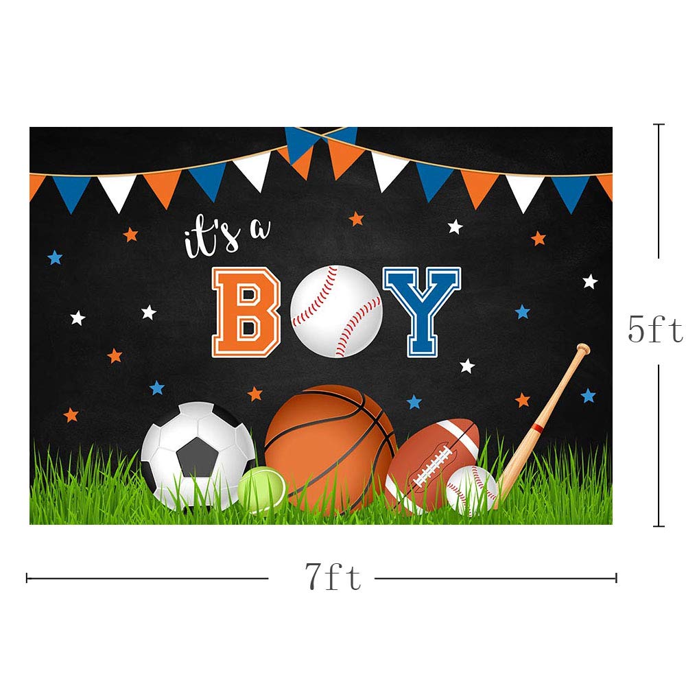 Sports Themed Baby Shower Backdrop - 7x5ft Blackboard Photo Background for It's A Boy Party Decor with Basketball, Baseball, Soccer, Football & Tennis Designs | Perfect for Cake Table Decorations, Photography Props & Gender Reveal Parties