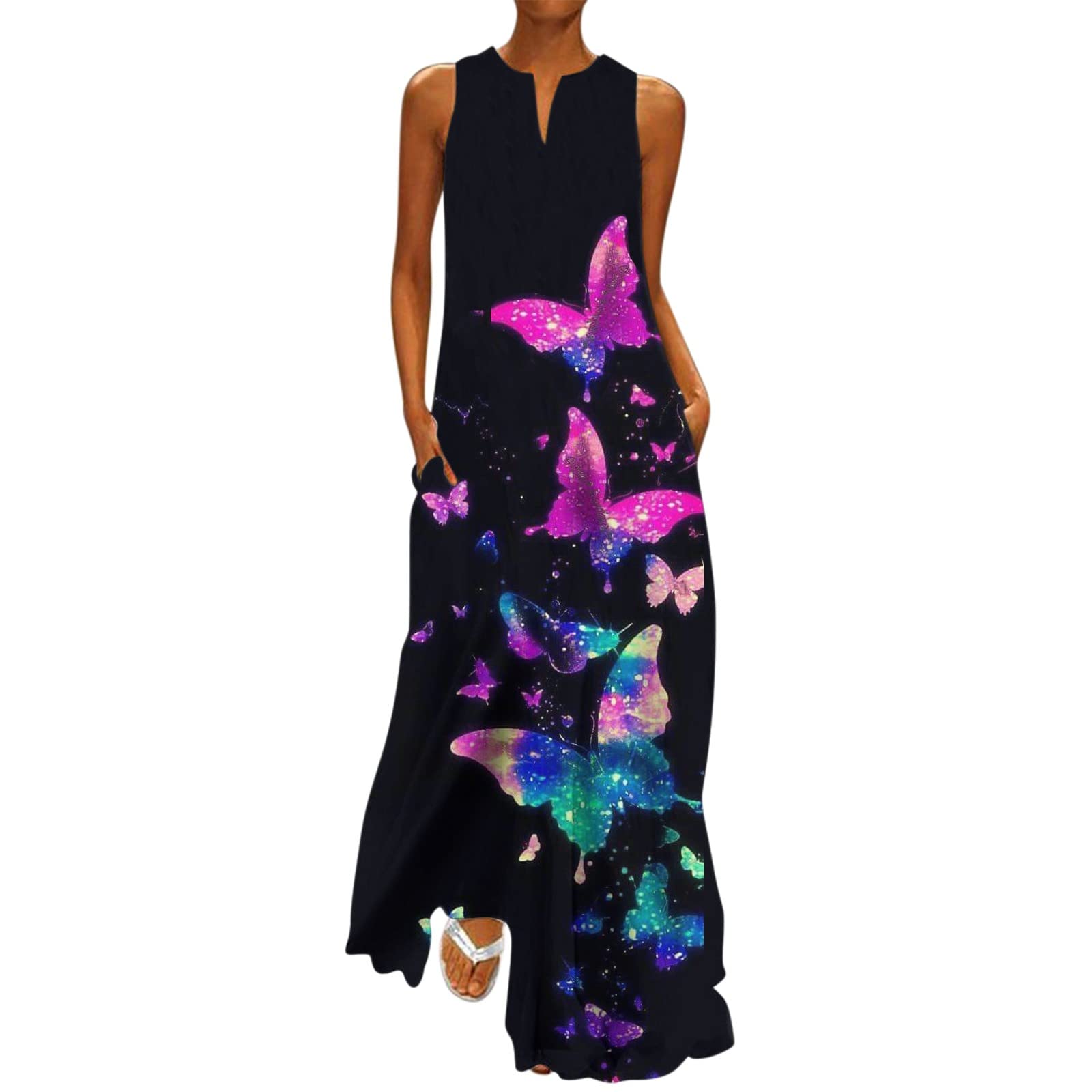 Women's Summer Casual Sleeveless V-Neck Floral Print Maxi Sundress - Knee Length Loose Beach Dress for Vacation, Party & Outdoor Activities