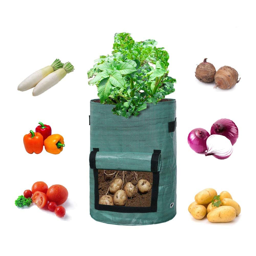 YOSOO 5-Pack Garden Planting Bags with Harvest Window - Breathable Fabric Grow Pots for Vegetables, Flowers & Potatoes - Eco-Friendly Plant Grow Bags with Easy Access Door (Great for Patio, Balcony & Indoor Gardening)
