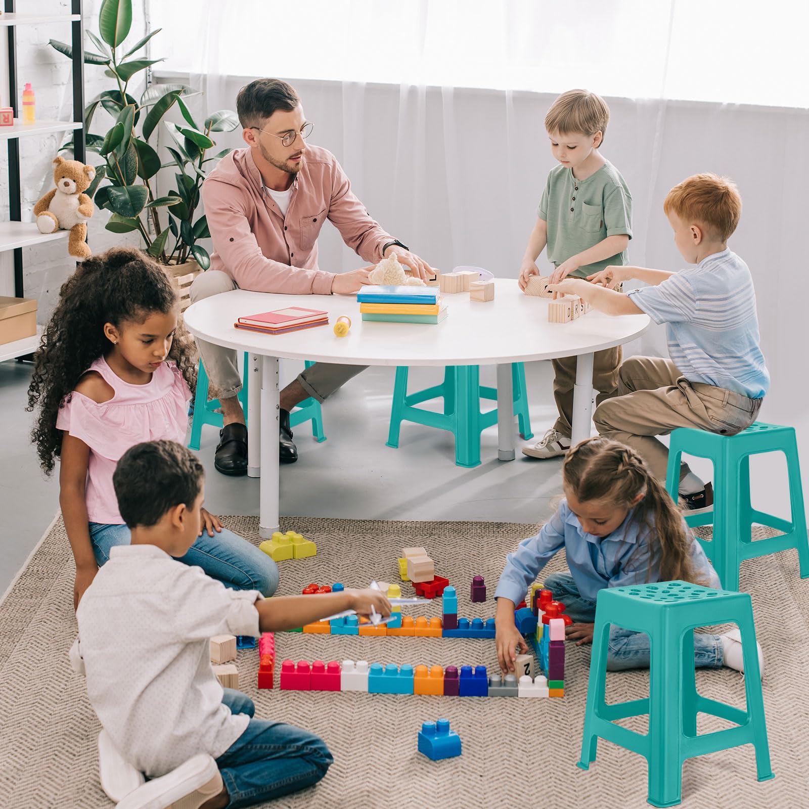 Leinuosen 6-Pack 18-Inch Lightweight Plastic Stackable Stools - Modern Decorative Seating for Classroom, School, Home Office & Shower (Teal) | Perfect for Kids, Students & Compact Spaces