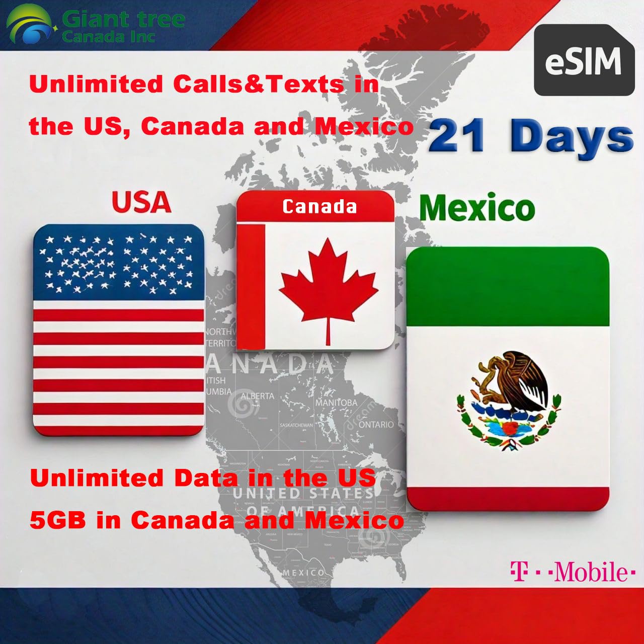 USA Canada Mexico Travel eSIM - Unlimited Data, Calls & Texts with T-Mobile Network | 21-Day Plan for Seamless Travel Connectivity (Perfect for Tourists, Business Trips & Digital Nomads)