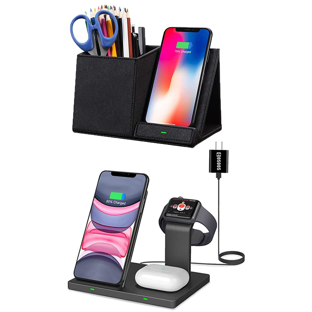 COSOOS 3-in-1 Wireless Charging Station for iPhone, Samsung & AirPods - Fast Qi-Certified Wireless Desk Phone Charger with Stand - Perfect for Office, Bedside & Travel Charging