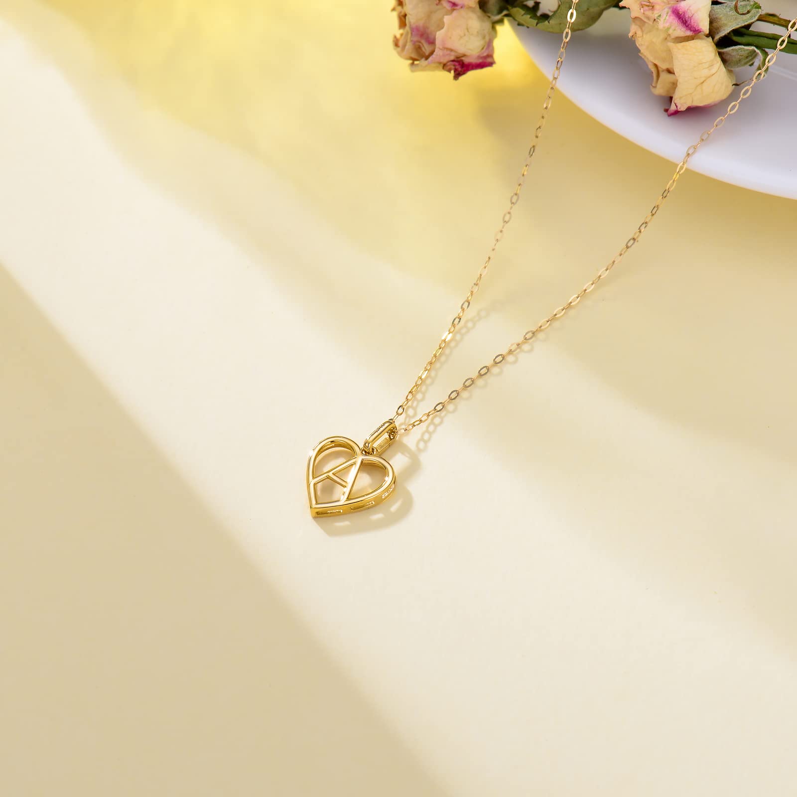 14K Solid Gold Heart Initial Necklace for Women - Personalized Letter A Pendant with 18