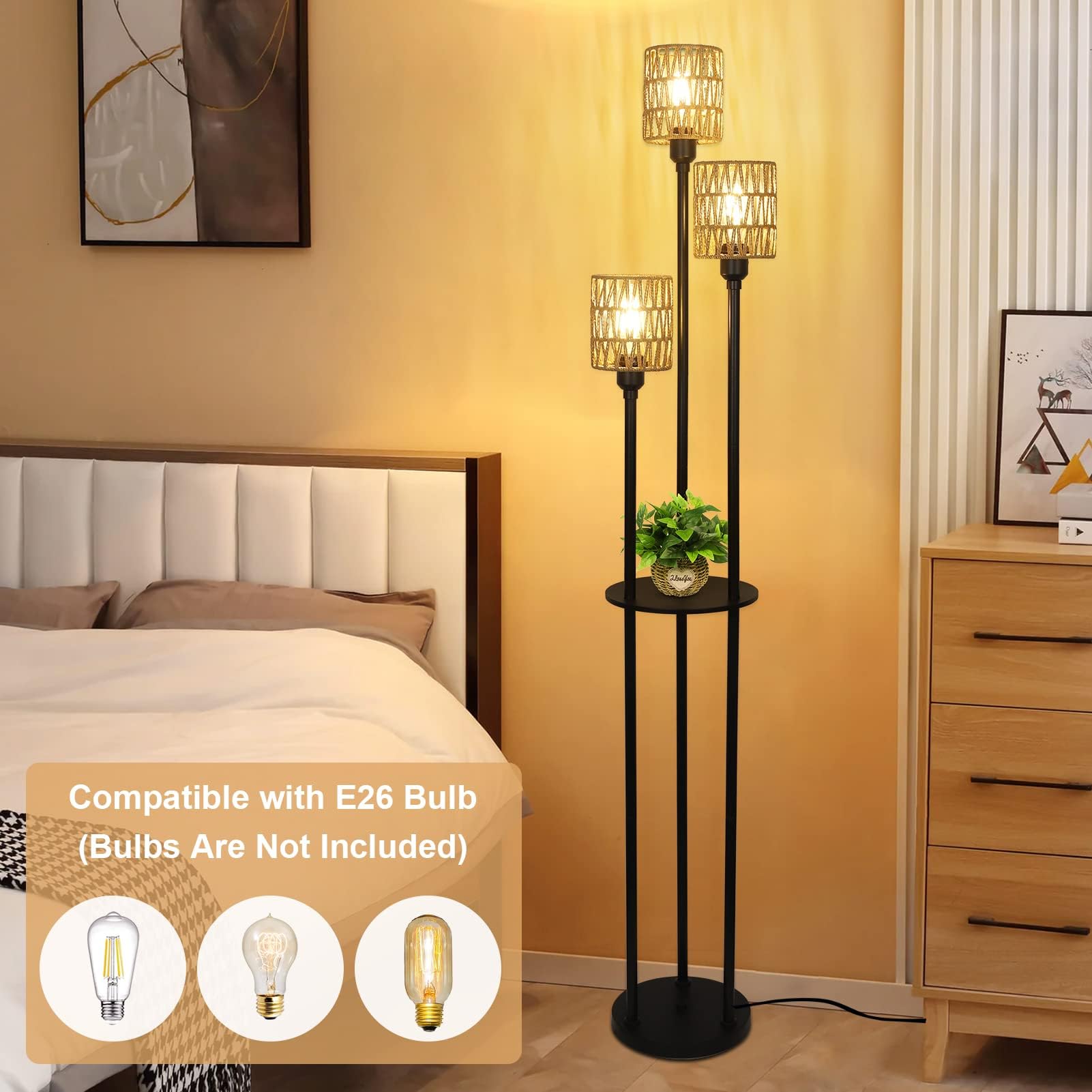 Boho 3-Light Rattan Floor Lamp with Shelves & Table - Rustic Farmhouse Standing Lamp with ON/Off Foot Switch & Rattan Shades - Tall Corner Lamp for Living Room, Bedroom, Office - Perfect for Reading Nook, Cozy Spaces & Farmhouse Decor