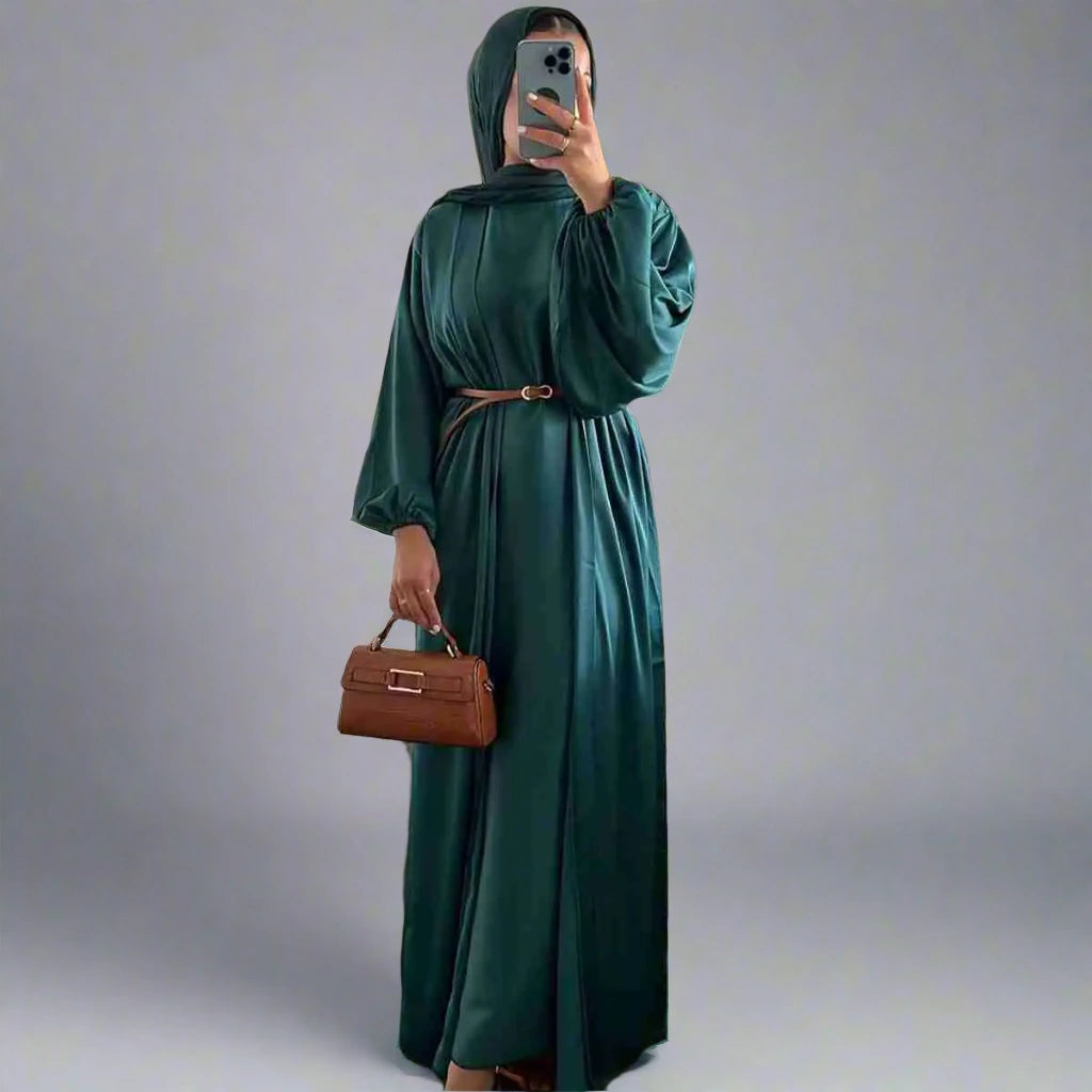 2-Piece Satin Muslim Women's Open Abaya Dress Set with Inner Sleeveless Dress - Modest Islamic Fashion for Prayer, Eid & Special Occasions