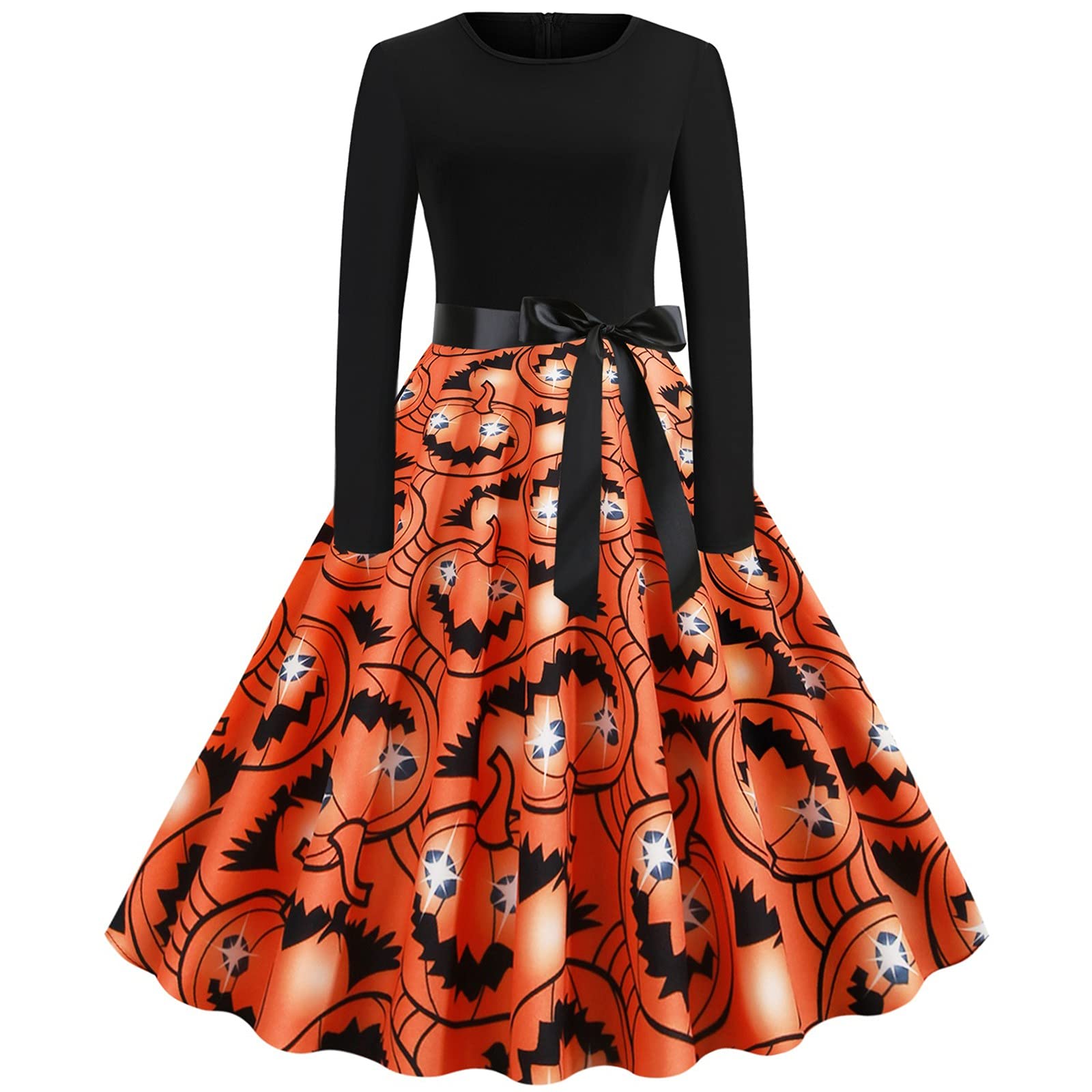 Women's Halloween Skeleton Pumpkin Print Midi Dress - Long Sleeve Beach Summer Dress for Women | Perfect for Halloween Parties, Beach Vacations & Fall Outfits