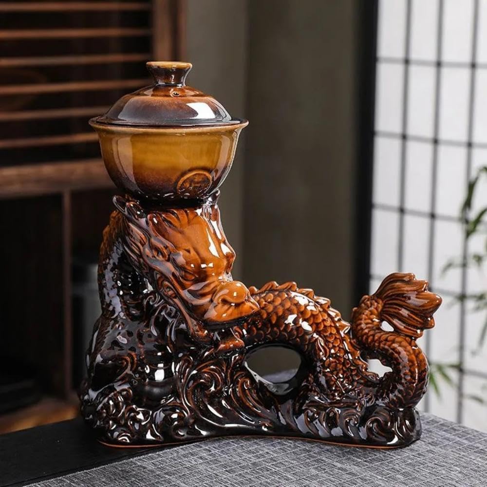 Premium Ceramic Teapot with Removable Stainless Steel Infuser - 40oz Semi-Automatic Magic Tea Maker Set with 8 Matching Cups (Gradient Yellow Dragon Design) - Perfect for Home, Office, Tea Parties & Gifts