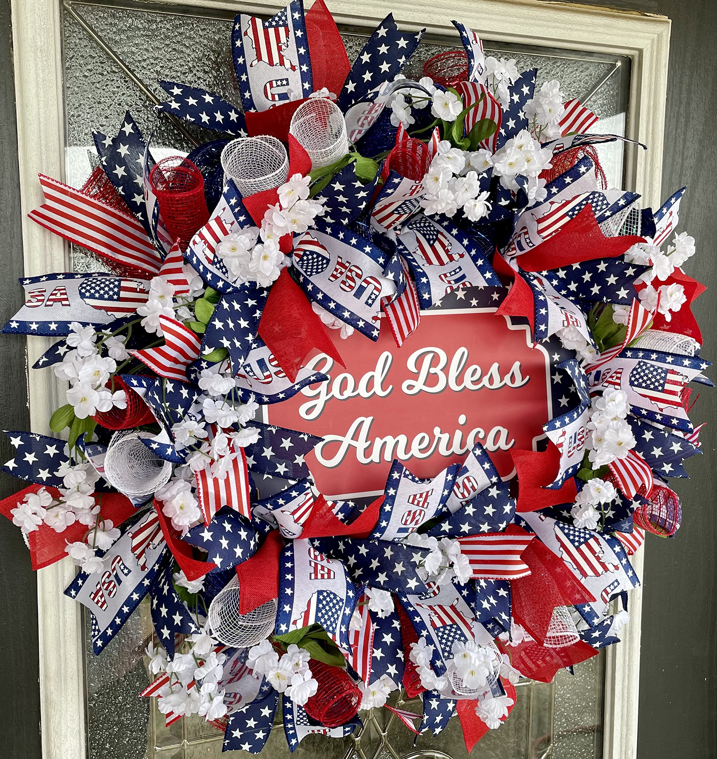 God Bless America Floral Deco Mesh Wreath - Patriotic USA Front Door Decor for 4th of July, Memorial Day & Labor Day | Red White Blue Military Theme | Indoor Outdoor Porch & Patio Decoration | Perfect for Seasonal Celebrations & Home Entrance Decor