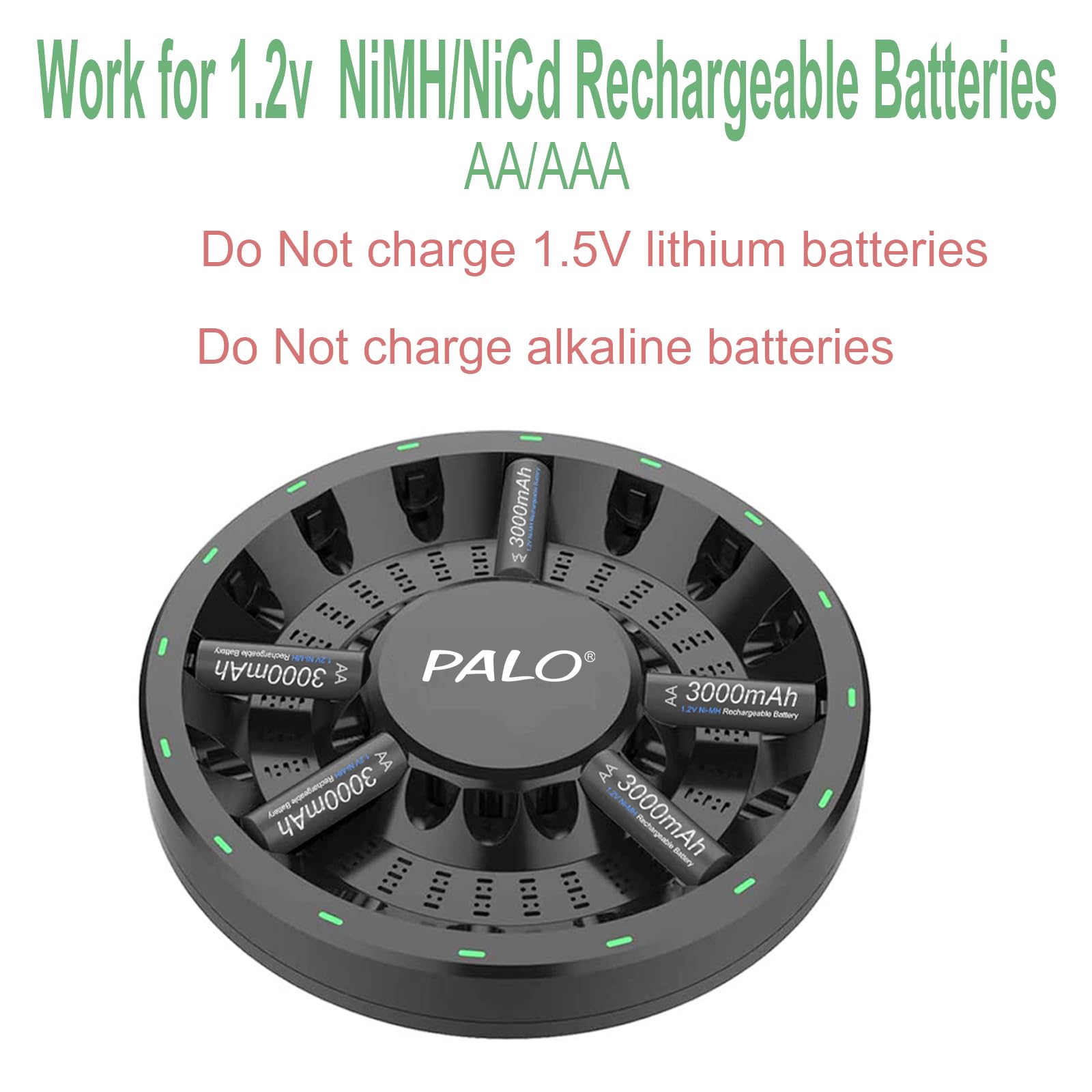 16 Bay AA AAA Battery Charger for NiMH NiCd Rechargeable Batteries - Fast Independent Charging with LED Indicators & AC Adapter (Green/Red) - Perfect for Home, Office, and Emergency Power Supply