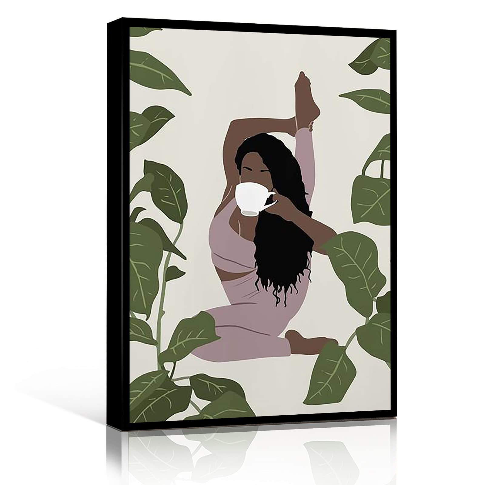 Black Woman Yoga Pose Wall Art - 16''x24'' Modern Framed Canvas Print, Boho Botanical Vines Decor for Bedroom, Living Room & Office - Chic Wood Framed Printable Art for Meditation Spaces & Home Interiors