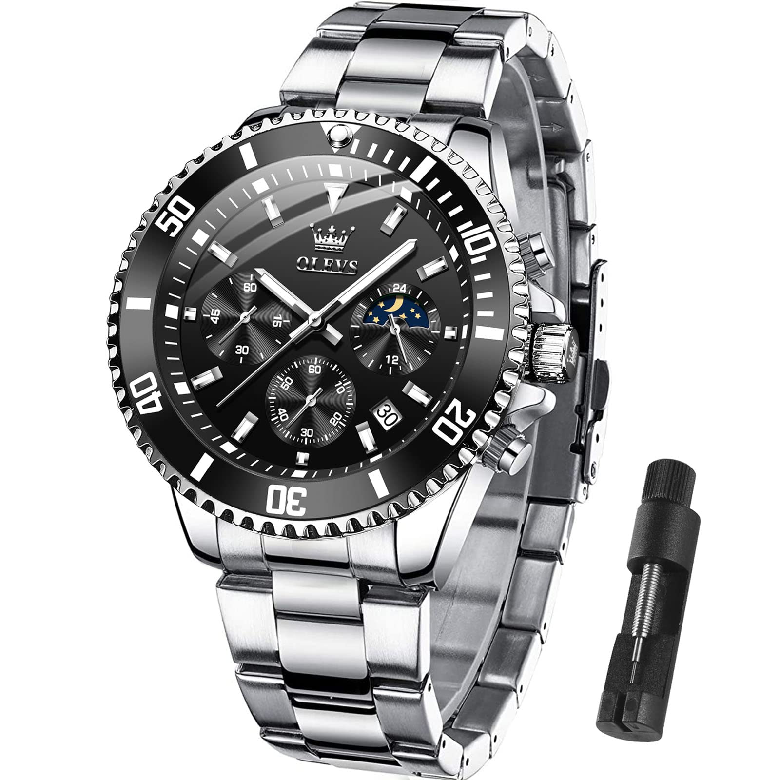 OLEVS Men's Luxury Stainless Steel Analog Quartz Watch - Big Dial, Day Display, Waterproof, Luminous, Rotatable Bezel - Classic Business Wristwatch for Formal & Casual Wear