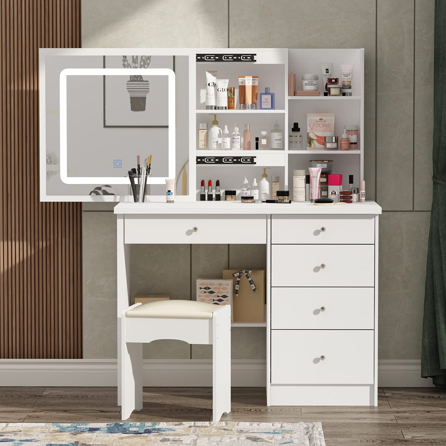 Large White Vanity Table Set with Lighted Mirror, 5 Drawers & Shelves - Makeup Dressing Desk with Cushioned Stool for Bedroom, Bathroom or Dorm Room Organization
