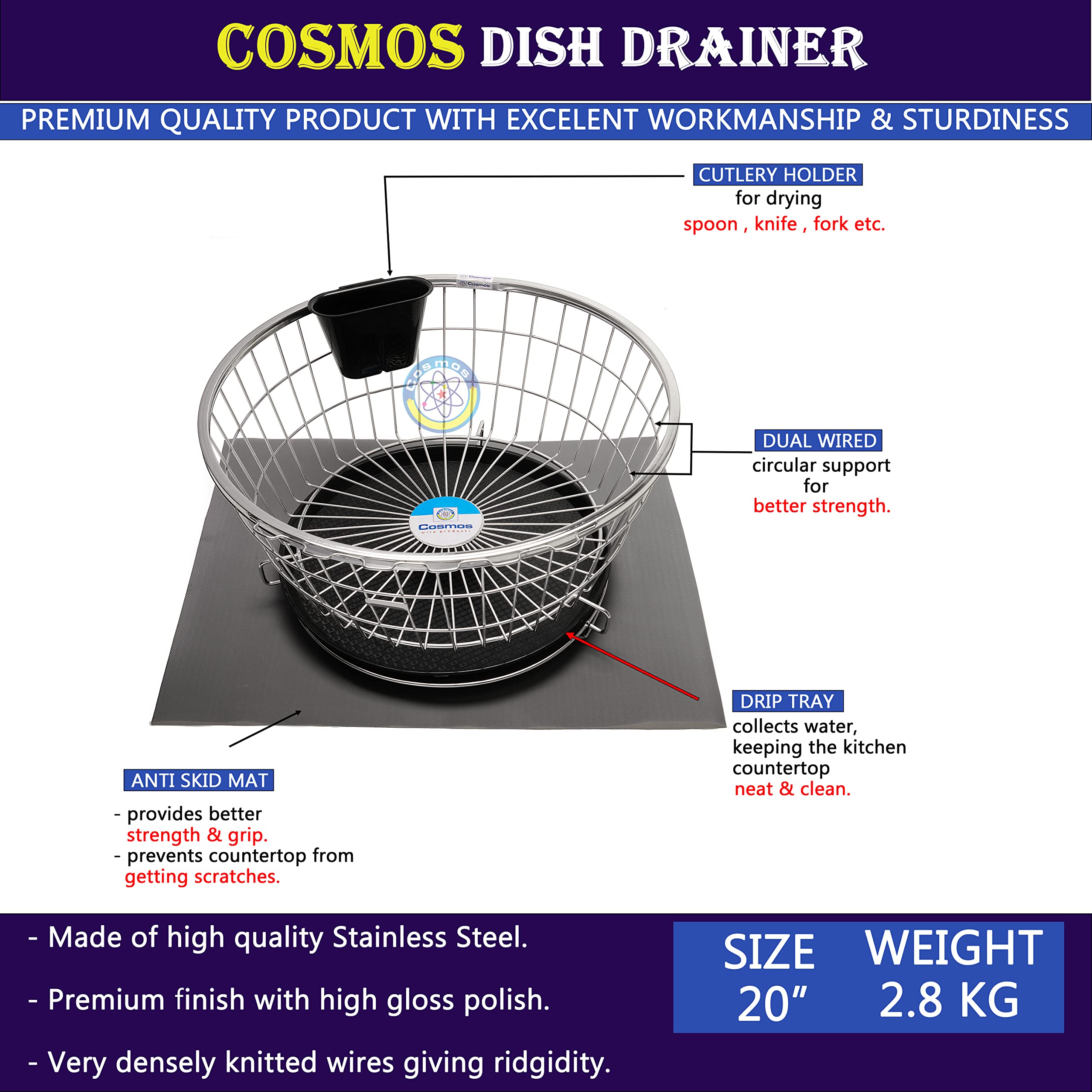 Premium Stainless Steel Dish Drying Rack with Drip Tray & Anti-Skid Mat - 20x20x10 Inch Large Kitchen Countertop Organizer | Perfect for Drying Dishes, Utensils & Cookware After Washing