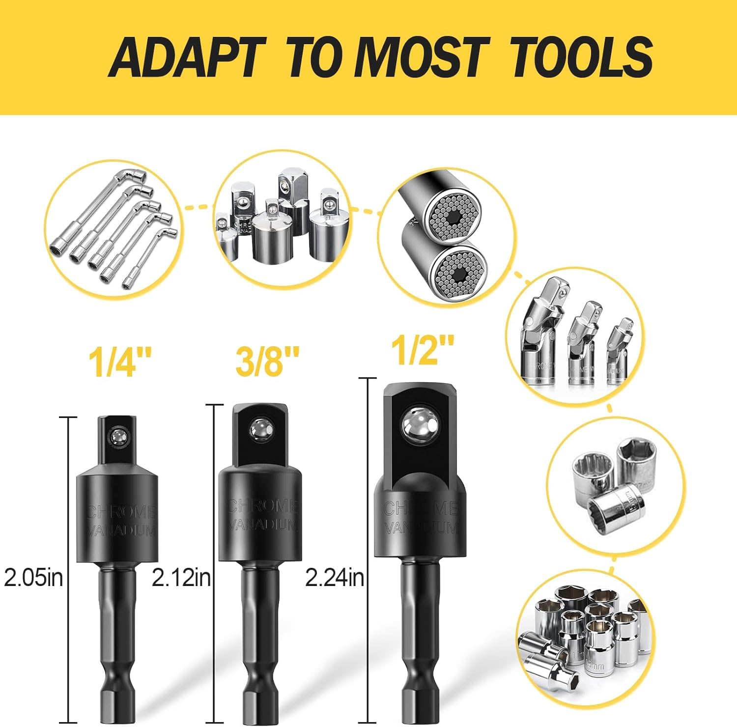 4-Piece Power Drill Socket Adapter Set - 360° Rotatable 1/4