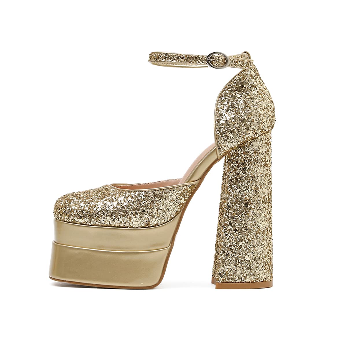 MissHeel Women's Glitter Platform Chunky Heel Pumps with Ankle Strap - Comfortable High Heels for Parties, Weddings & Night Out
