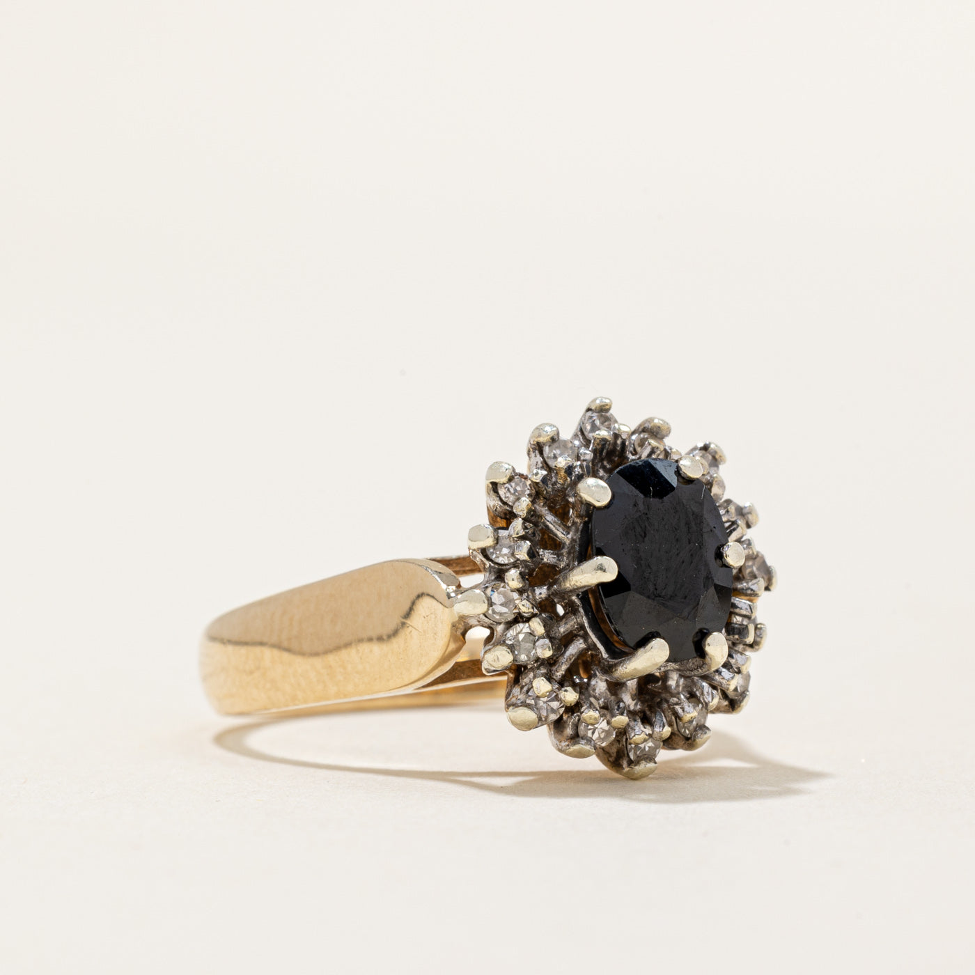 Vintage 1978 London 9K Gold Sapphire and Diamond Halo Ring - 1.0ct Center Stone, 0.16ctw Diamonds - Size 7 - Elegant Engagement, Anniversary or Gift Jewelry for Women