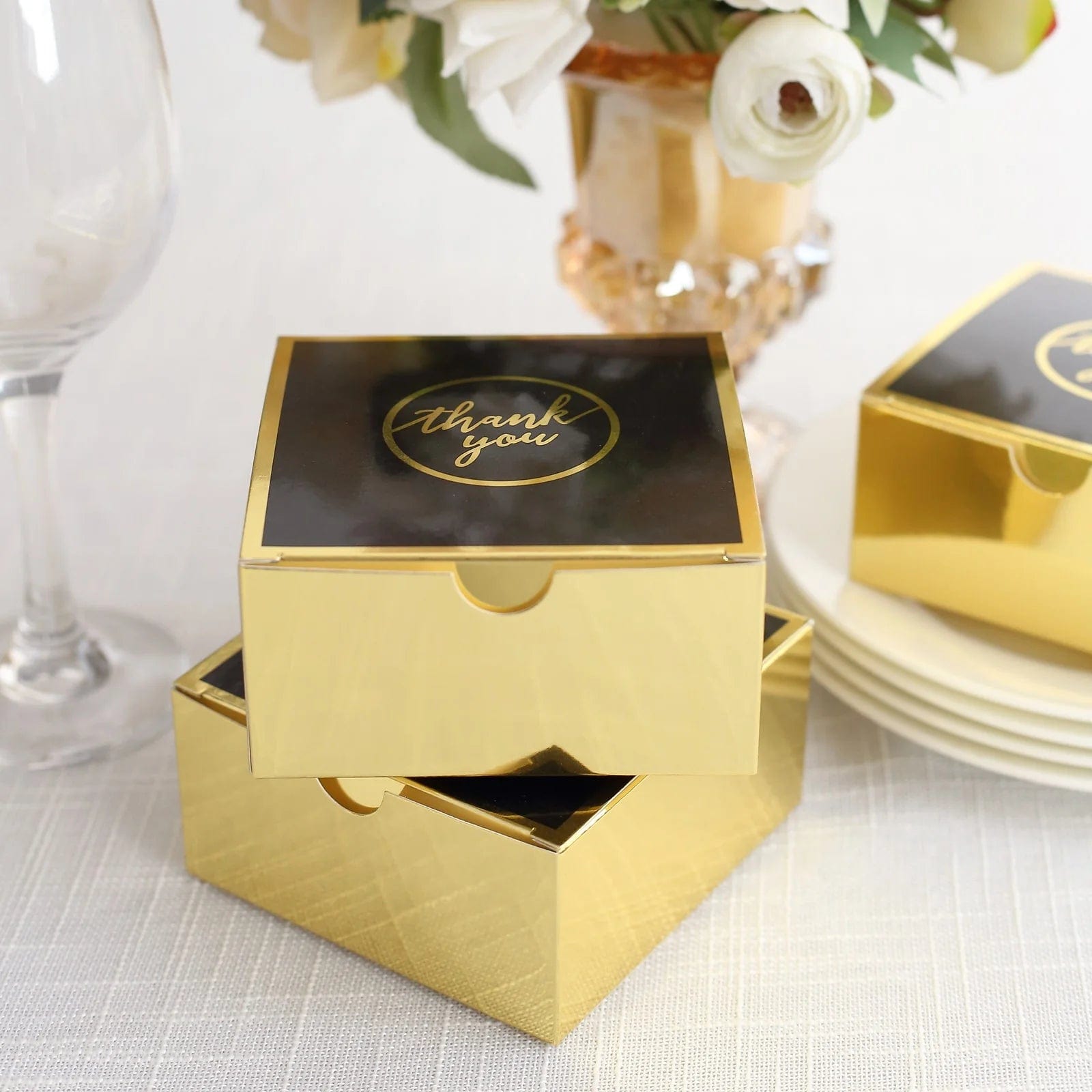 25 Pack 4x4 Inch Square Favor Boxes with Thank You Print - Gold and Black Gift Holders for Weddings, Parties & Special Events