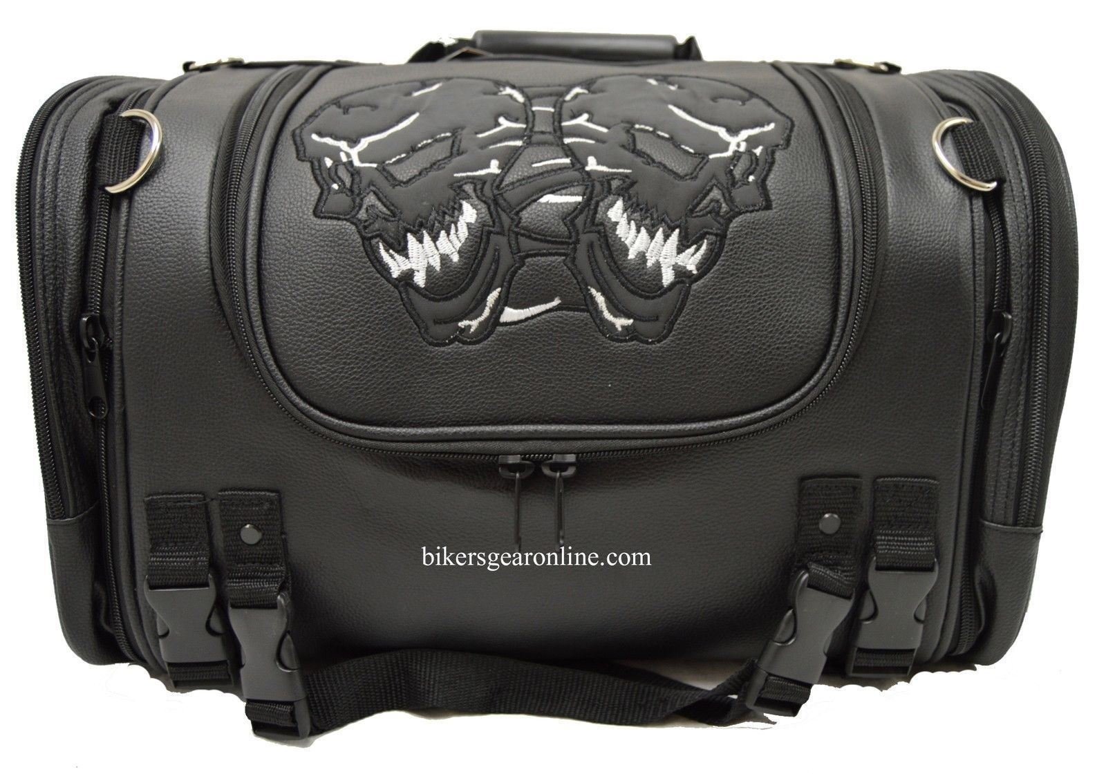 Durable PVC Skull Sissy Bar Travel Bag for Motorcycle & Motorbike - Black Luggage for Road Trips & Biker Adventures