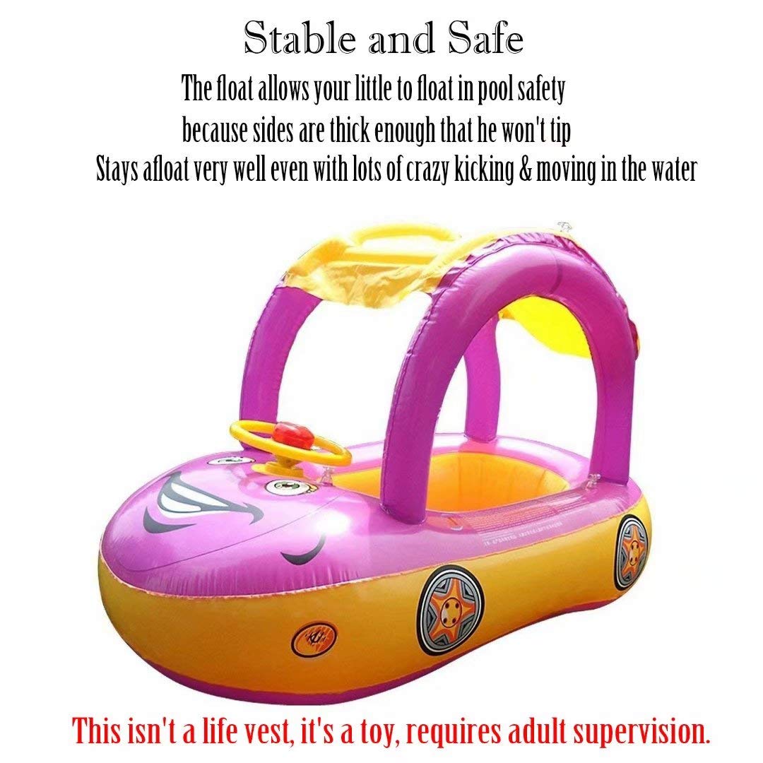Inflatable Baby Pool Float with Canopy & Steering Wheel - Sunshade Swim Ring Car Toy for Toddlers 1-3 Years | Summer Water Play, Beach Vacation, Backyard Swimming Fun