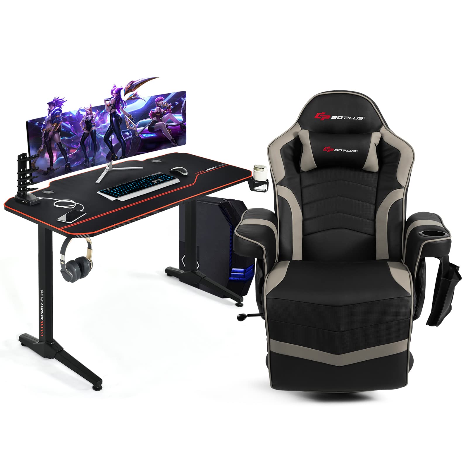 Goplus Gaming Chair and Desk Set - Ergonomic Racing Office Computer Chair with Adjustable Headrest, 4-Point Massage & Footrest, PC Gaming Desk with Cup Holder, Headphone Hook & Large Mouse Pad (Grey) - Perfect for Home Office, Streaming Setup & Esports Gaming