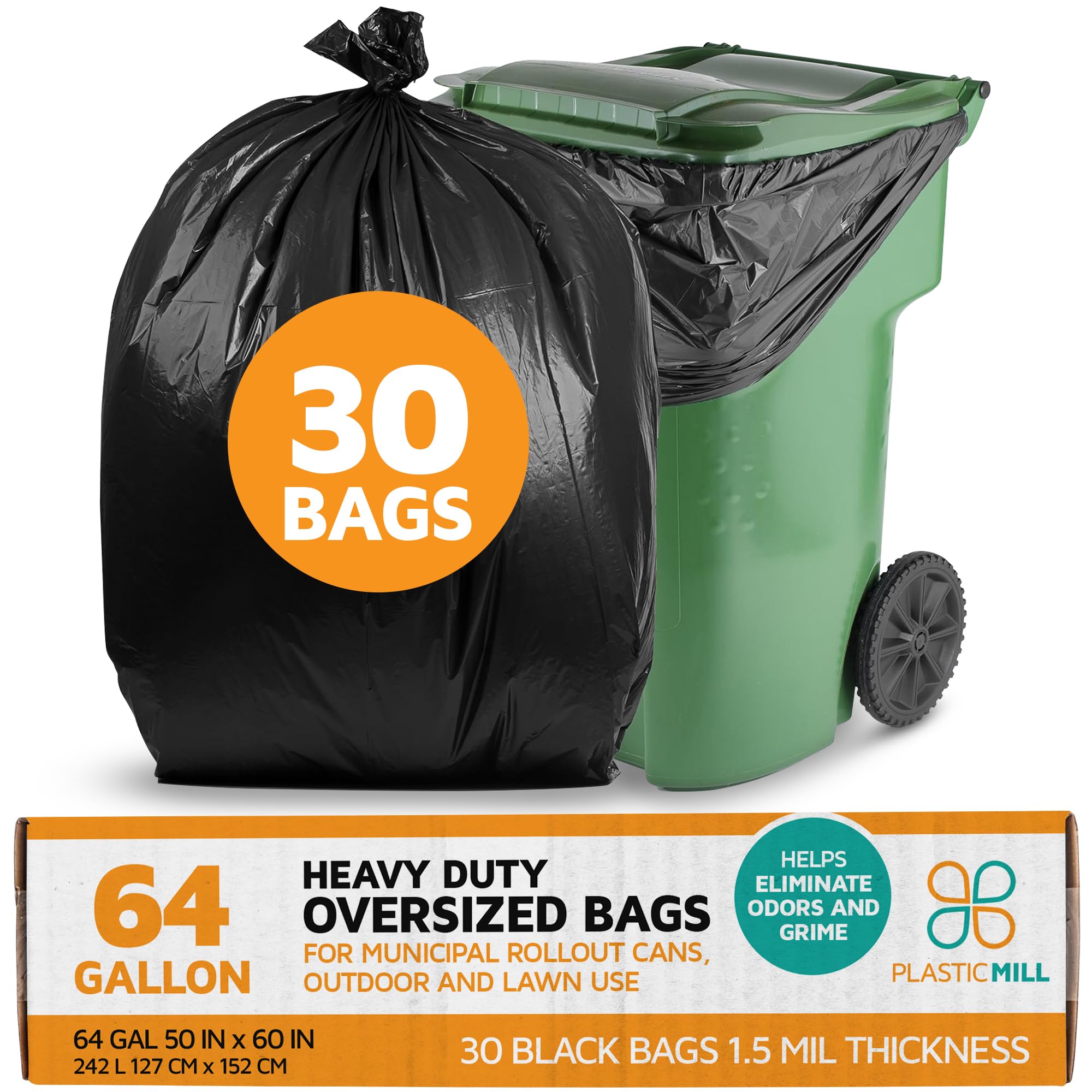 Heavy Duty 64-Gallon Trash Bags - 1.5 Mil Thick Black Garbage Bags for Kitchen & Outdoor Use (50