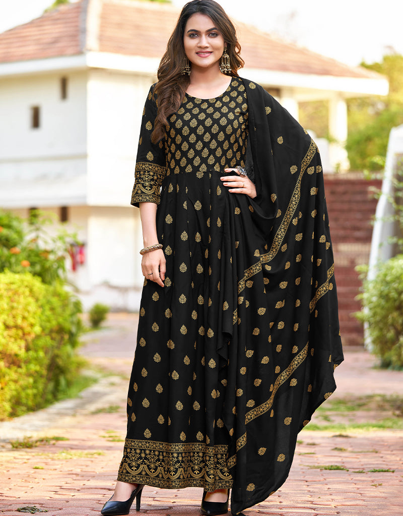 Black Heavy 14 Kg Rayon Anarkali Suit - Elegant Indian Ethnic Dress for Women, Perfect for Weddings, Festivals & Special Occasions