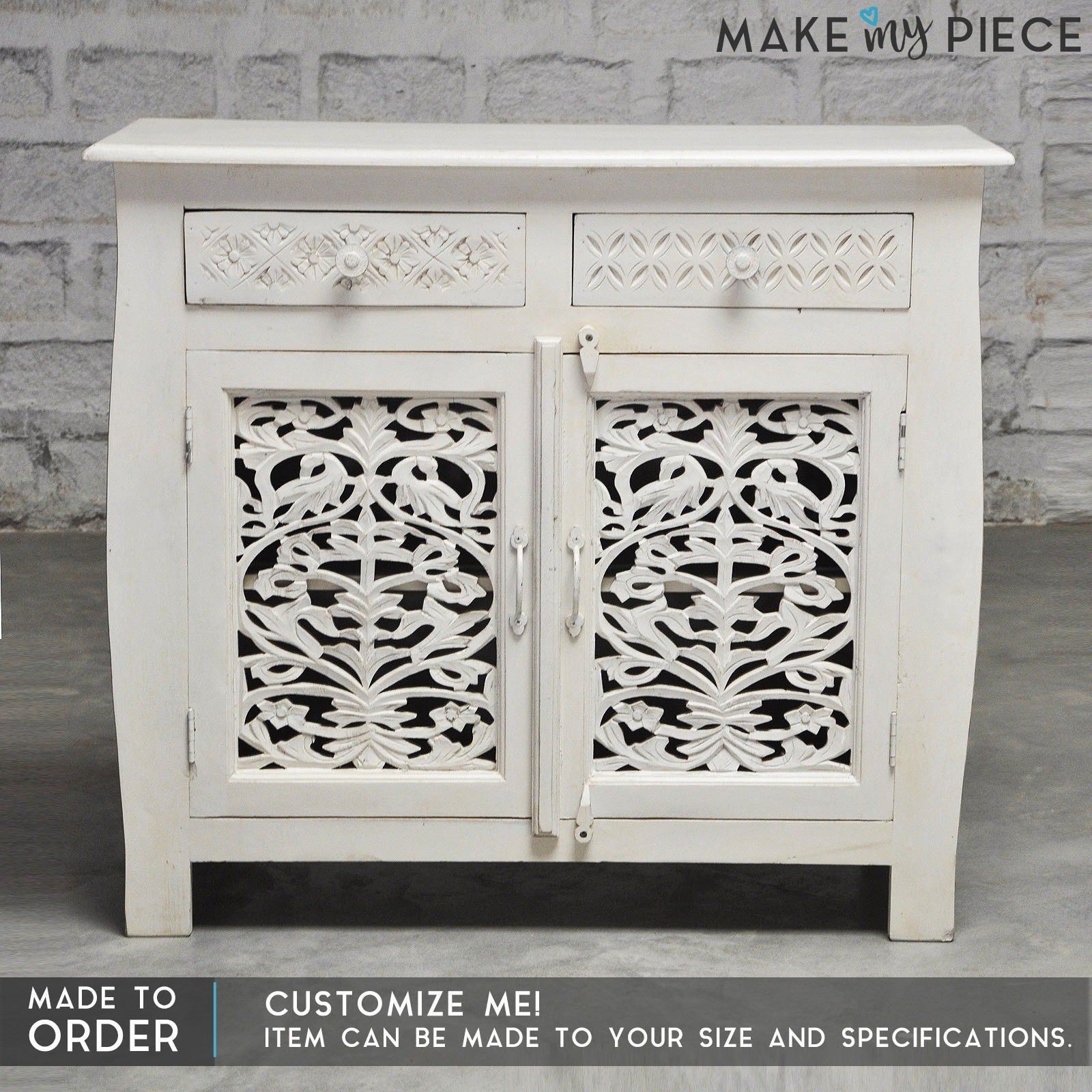 French Colonial Solid Wood Jali Carved Sideboard - White Vintage Buffet Cabinet for Dining Room, Living Room & Entryway Storage