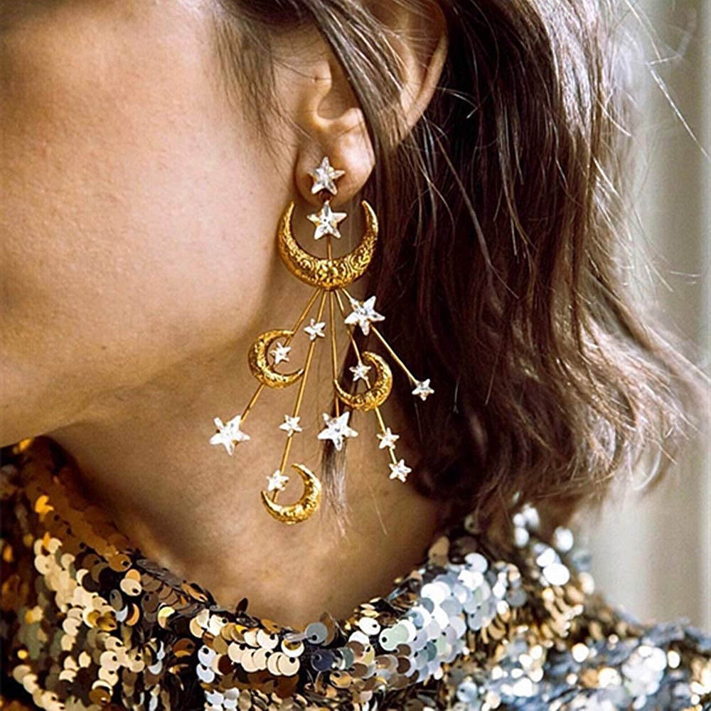 Swarovski Crystal Gold Plated Crescent Moon & Cubic Zirconia Star Drop Earrings for Women - Vintage Statement Dangle Jewelry - Perfect Gift for Birthday, Anniversary & Party Occasions