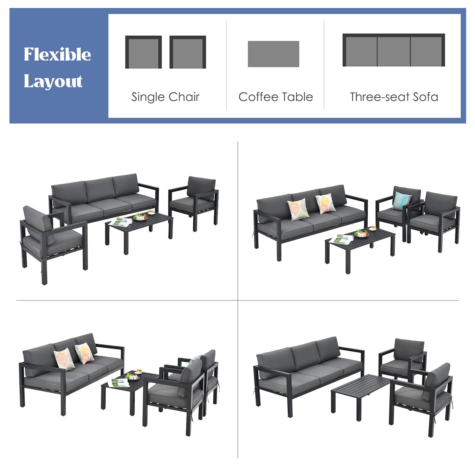 Tangkula 4-Piece Outdoor Patio Furniture Set - Aluminum Garden Conversation Set with Padded Cushions, Includes 3-Seat Sofa, Coffee Table & 2 Chairs - Perfect for Backyard, Poolside, Deck or Terrace (Grey)