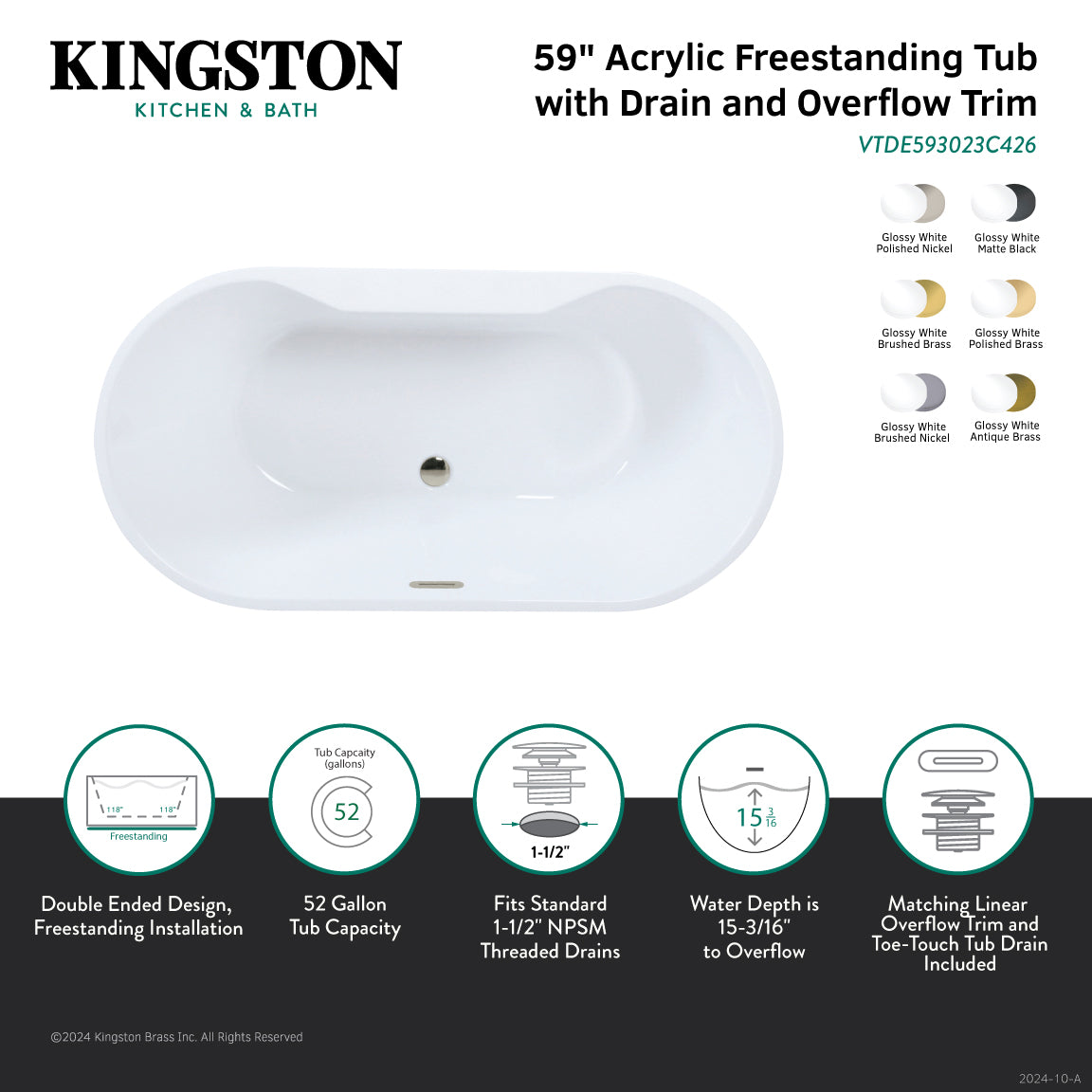 Aqua Eden 59-Inch Acrylic Freestanding Bathtub - Oval Double-Ended Soaking Tub with Drain, Glossy White & Matte Black Finish | Perfect for Modern Bathrooms & Spa-Like Relaxation
