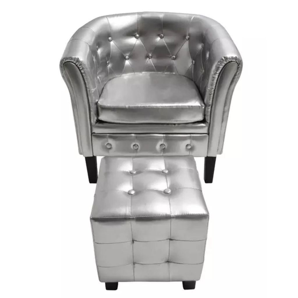 YITHOPI Faux Leather Tub Chair - Modern Bucket Chair & Side Chair with Footstool for Living Room, Bedroom, Reading Nook | Silver Accent Lounge Chair for Relaxing & Home Decor